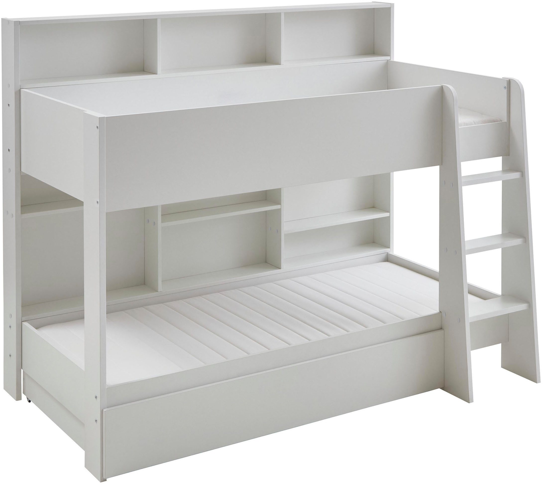Relita Etagenbett Sely, viel Funktion auf kleinem Raum, 2 Liegeflächen, modernes Design (viele Regalfächer an der Bettrückseite, inkl. Schublade auf Rollen), viel Stauraum, pflegeleichte Melamin Oberfläche, 3 Farben zur Wahl