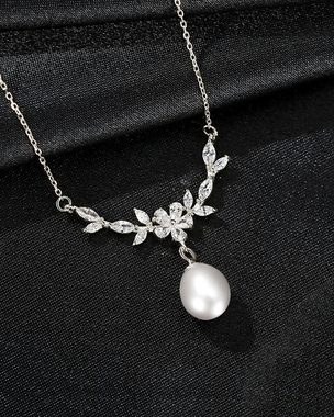 DANIEL CLIFFORD Perlenkette 'Leia' Damen Halskette Silber 925 Anhänger Perle Kristall-Kranz (inkl. Verpackung), größenverstellbare Silberkette 40cm - 45cm Perlenanhänger weiß