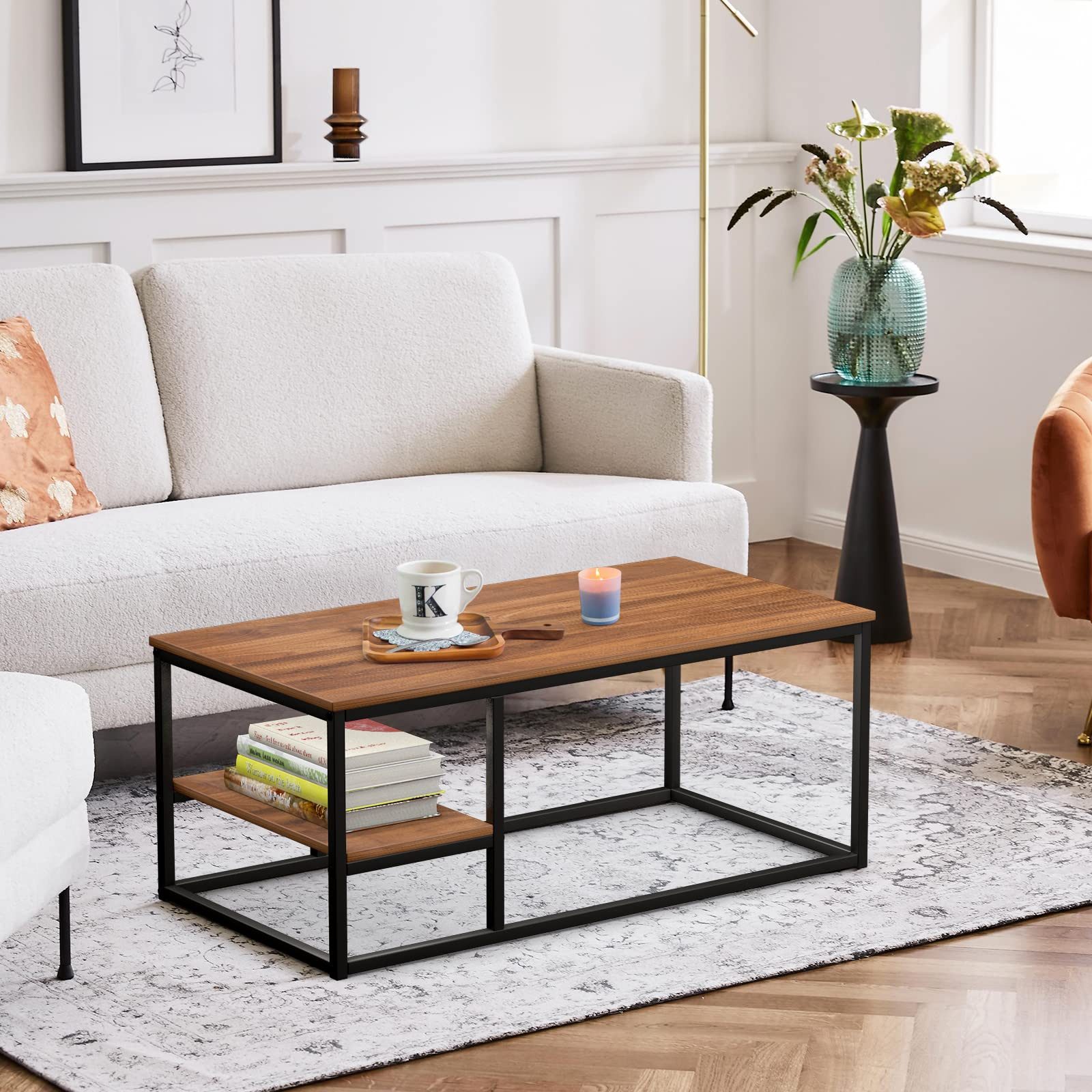 VOWNER Couchtisch Wohnzimmer Tisch, Stahlrahmen (1er-Set), Walnuss Farbe