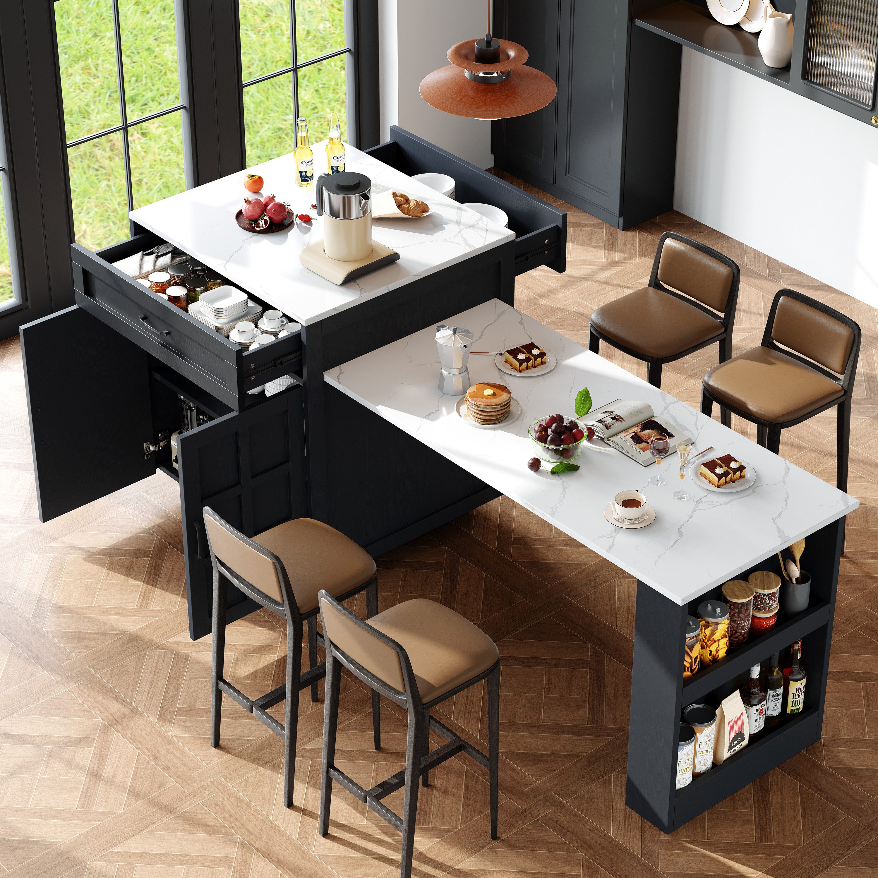 KLAM HOME Kücheninsel Ausziehbarer Bartisch Mit Stauraum Und Schubladen Kücheninsel, (Multifunktionaler Küchen Esswagen Von 133 Auf 202 Cm), Weißer MDF Bartisch Für 2-6 Personen Als Praktische Raumtrennung