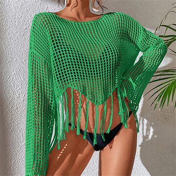 AFAZ New Trading UG Strandkleid Hohler Strickpullover mit Quasten, sexy, lockerer, lässiger Bikini Strand-Sonnenschutz, kurzer Stil