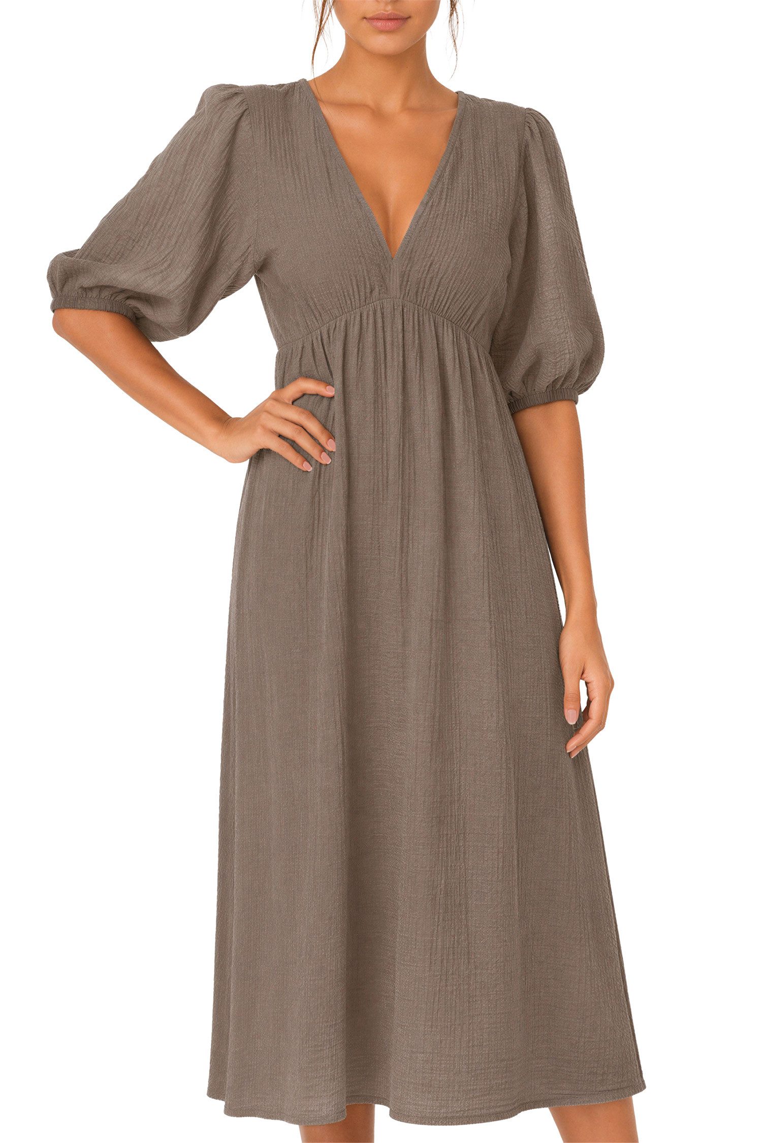 Reichstadt Sommerkleid Damen Relaxed Fit Dress Musselin 25RSW077 Feminine Puffärmel und Rückenschleife