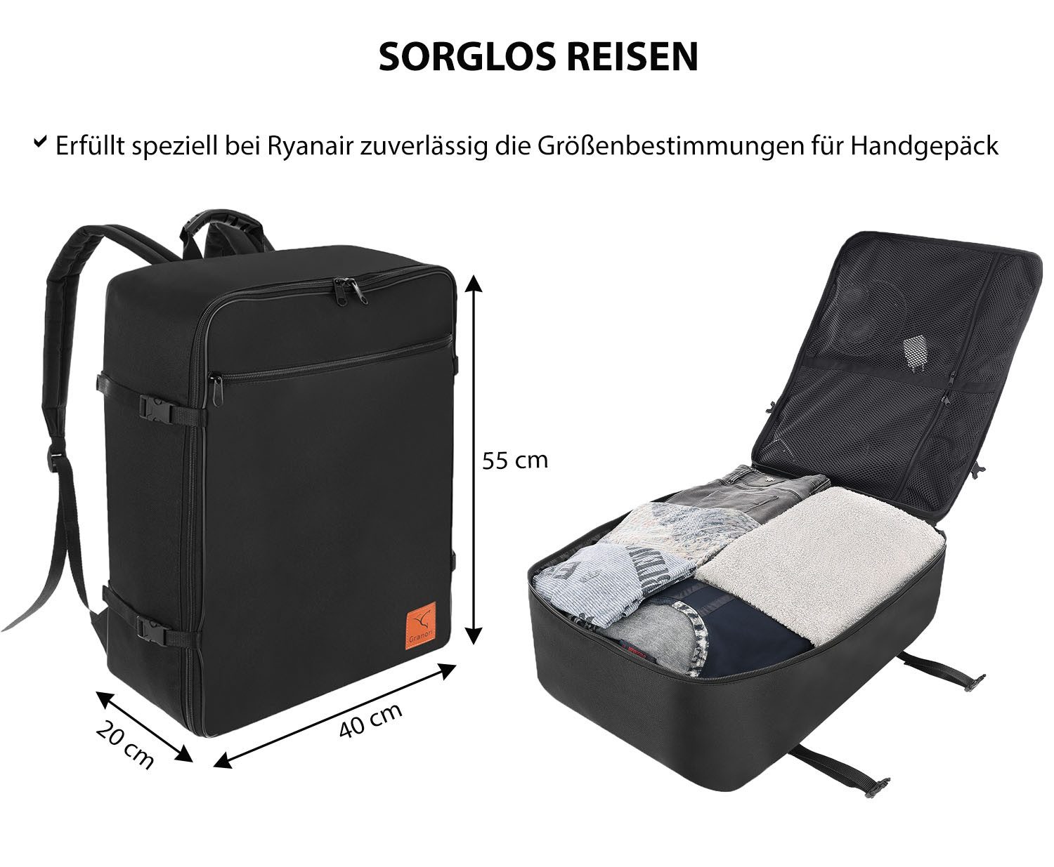 Granori Handgepäckkoffer Rucksack "Dreampack Jumbo" – Leichter 55x40x20 cm Reiserucksack 40 L, riesiges aufklappbares Platzwunder mit Kompressionsfunktion