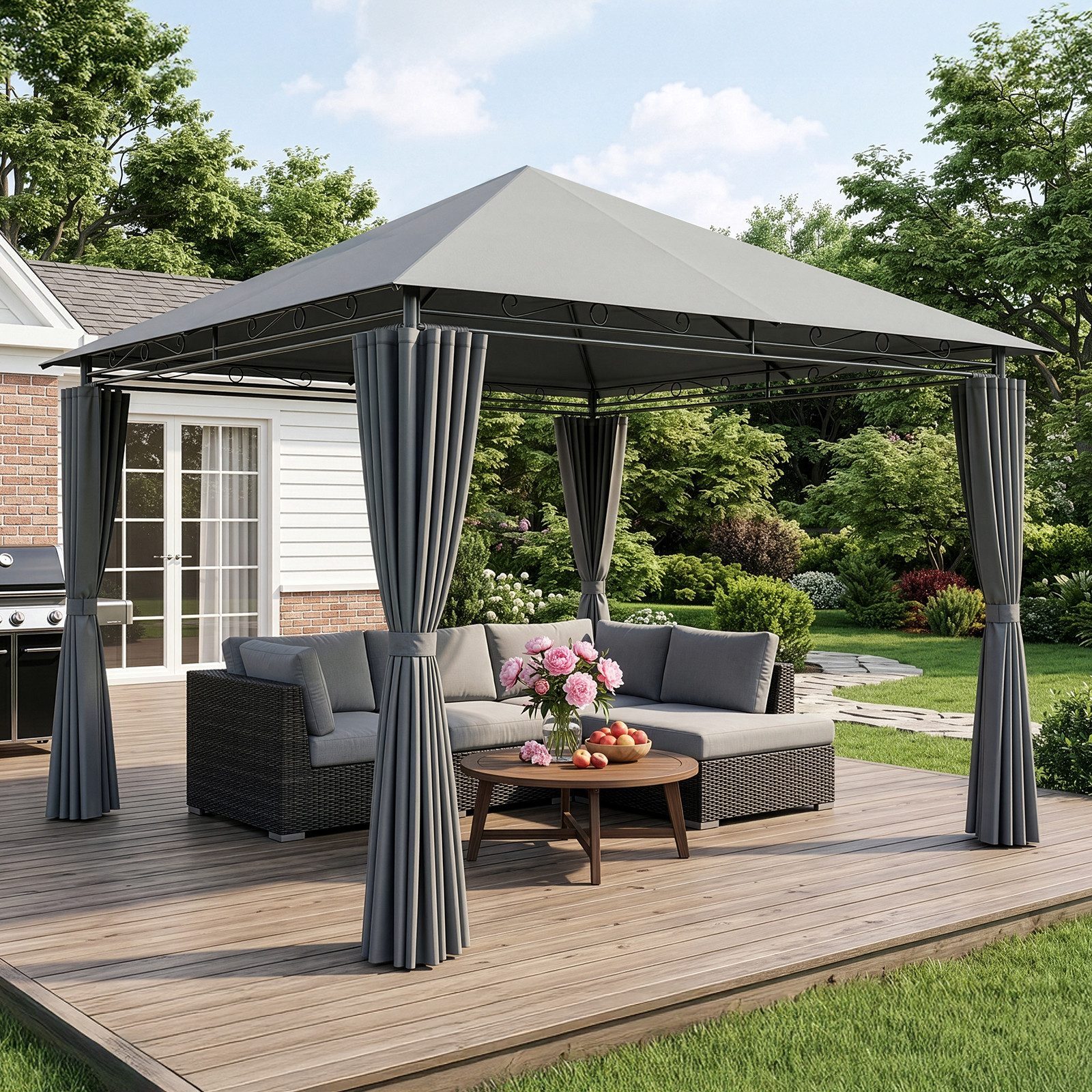 LALAHO Pavillon Gartenpavillon 3x3m mit Vorhängen, wetterfest & UV-beständig, mit 4 Seitenteilen, Terrassenpavillon Partypavillon für Party Grillabend Terrasse