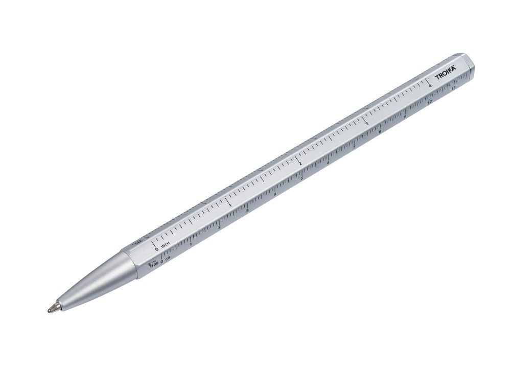 TROIKA Penna a sfera multitasking con ricarica D1 nera – CONSTRUCTION BASIC – righello per centimetri/pollici, scala 1:20/1:50 – facile cambio della ricarica – alluminio, metallo