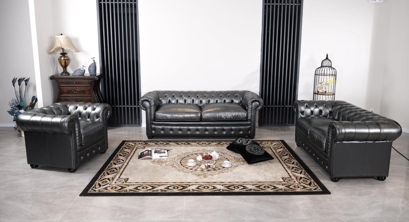 Salottini Polstergarnitur Chesterfield Polstergarnitur Bolton 3/2/1 Ledergarnitur schwarz, (3-tlg), Taschenfederkern