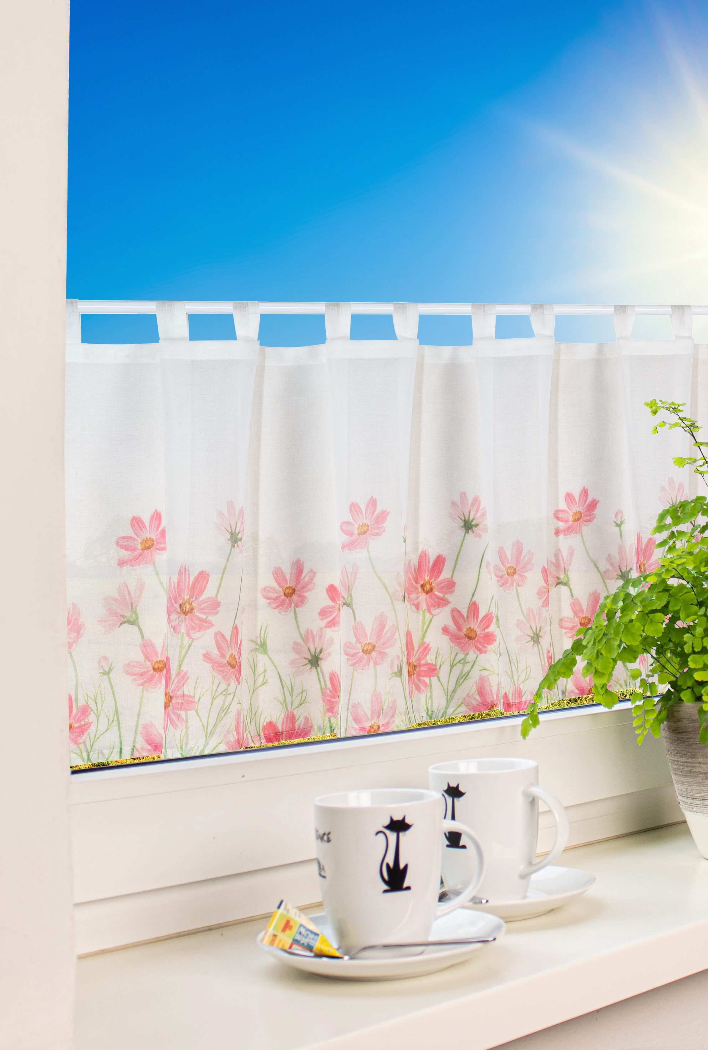EXPERIENCE Scheibengardine Bistrogardine mit Blumenmuster, 50x140 cm, blickdicht, Schlaufen, halbtransparent