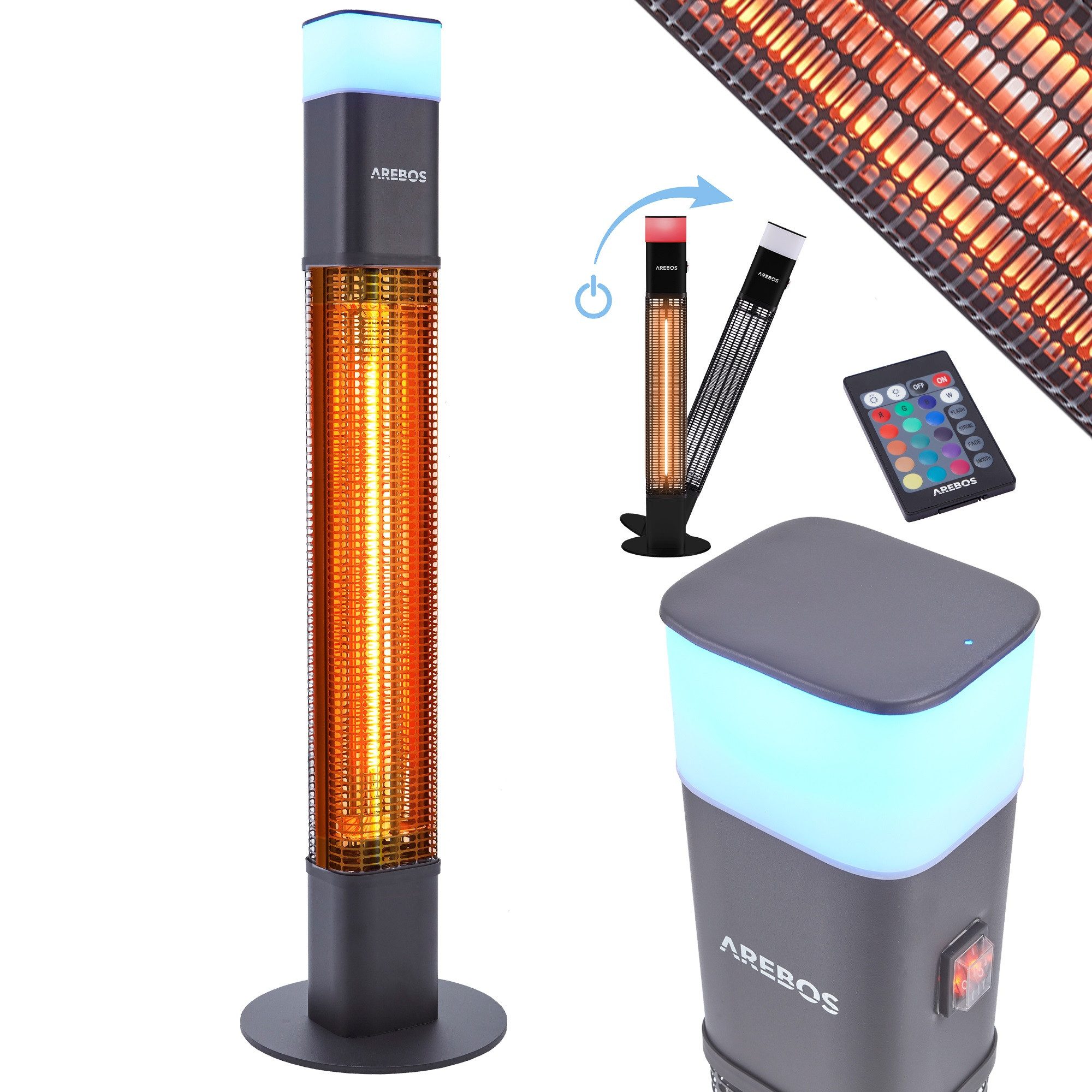 Arebos Heizstrahler 1500 Watt Stand, inkl.16 Farben, LED-Licht mit Fernbedienung, integrierte Kipp-Abschalter, LED, Low-Glare-Technik