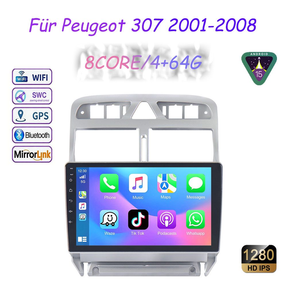 A-Sure Android 15 4G+64G 8Core Apple CarPlay BT FM Für Peugeot 307 2001-2013 Autoradio (Digitalradio (DAB), FM, AM, 1280*800 IPS Screen/8-Core CPU)