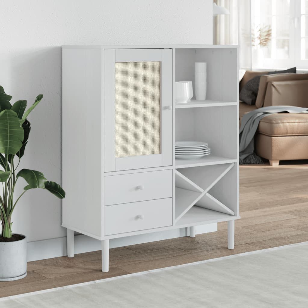 furnicato Highboard Weiß aus massivholz mit UV-Lackierung 90 x 40 x 112 cm (1 St), Sideboard mit Poly-Rattan-Front, Schubladen und viel Stauraum