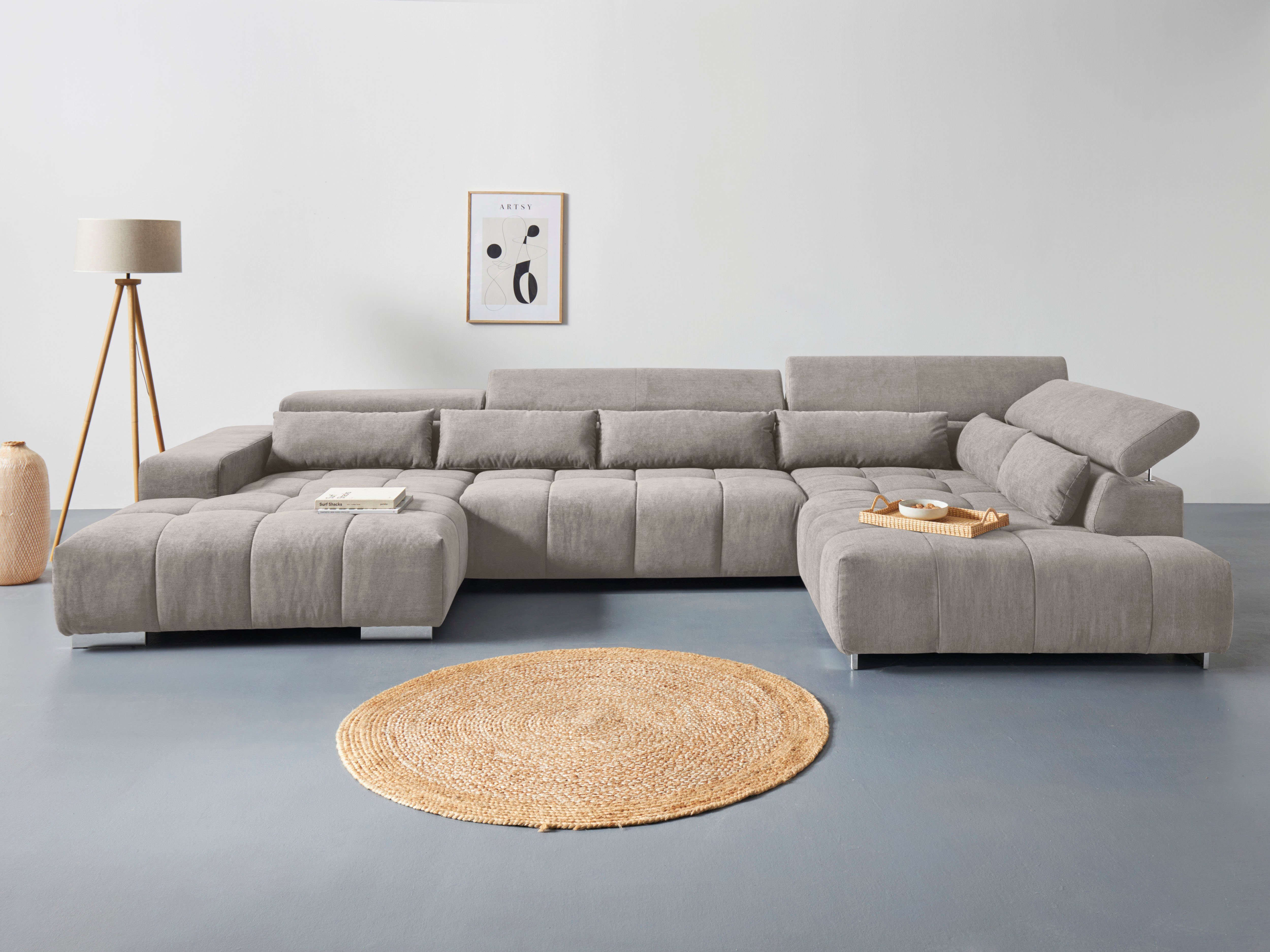 COTTA Wohnlandschaft Orion U-Form XXL, B: 409 cm, bequeme Wellenunterfederung, top modern, mit Kopfteilverstellung & 6 Nierenkissen