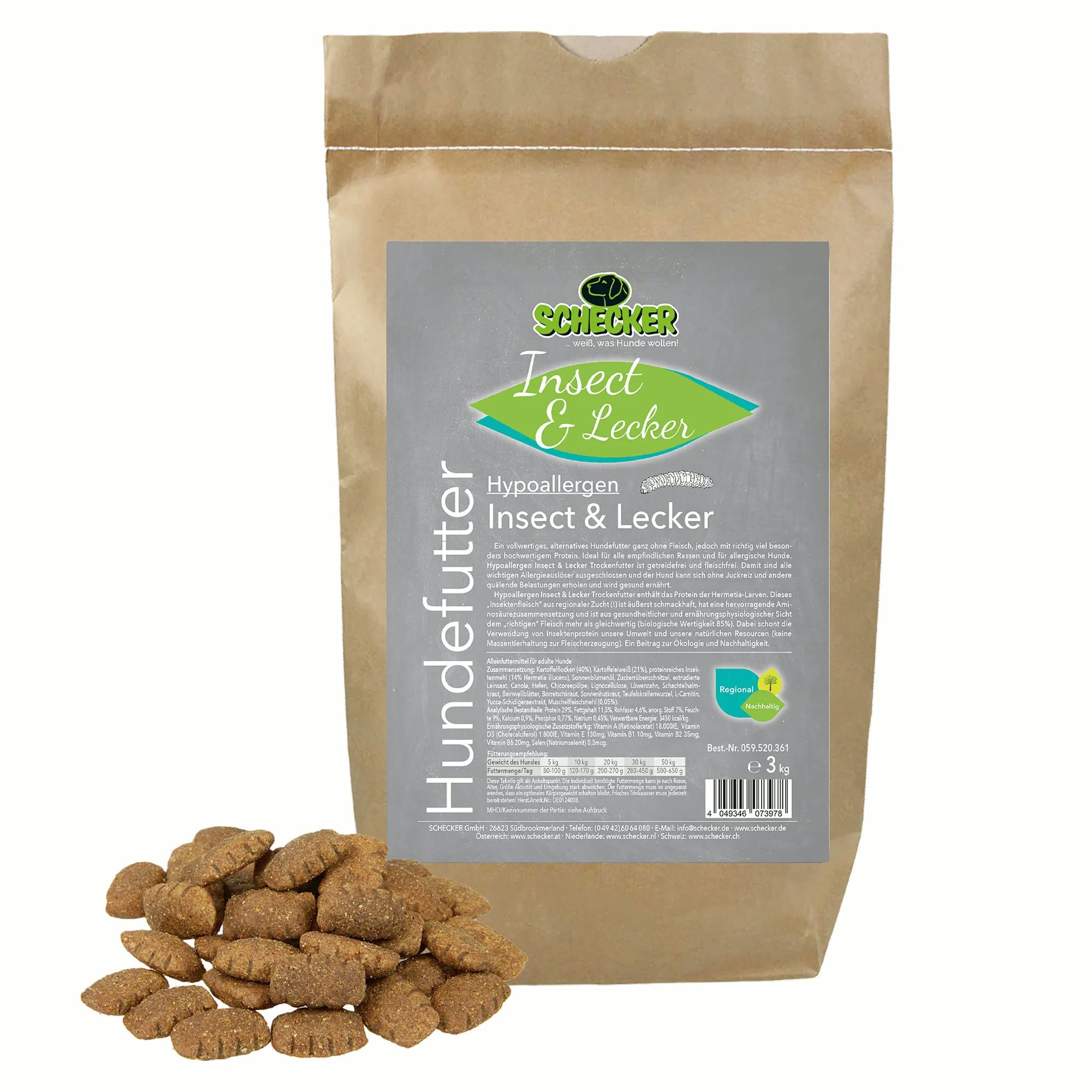 Schecker Schecker Trockenfutter Hypoallergen Insect & Lecker Insektenprotein, Trockenfutter für: Hunde, Ohne Farbstoffe