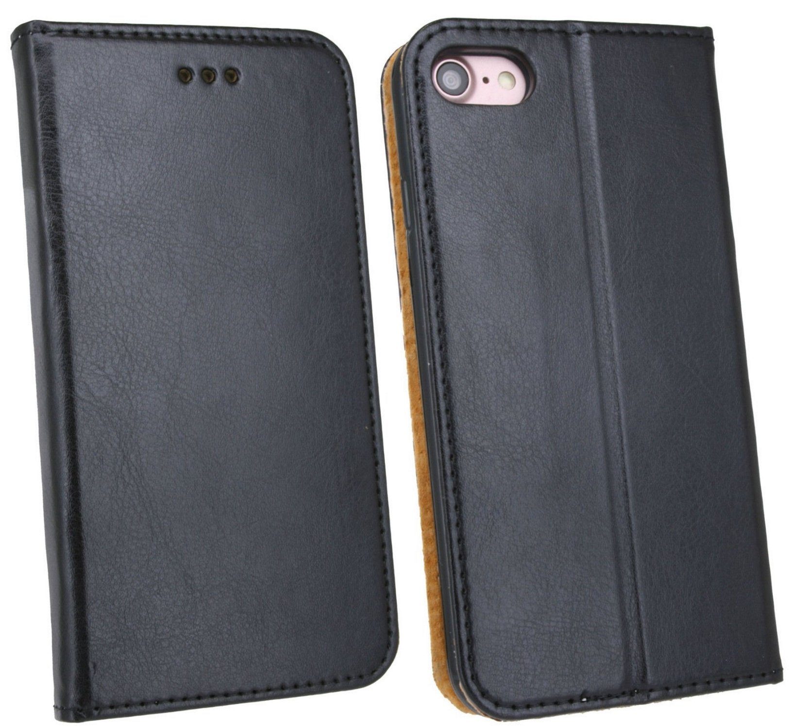 Handyhülle Echtleder Tasche Flip Case Schwarz
