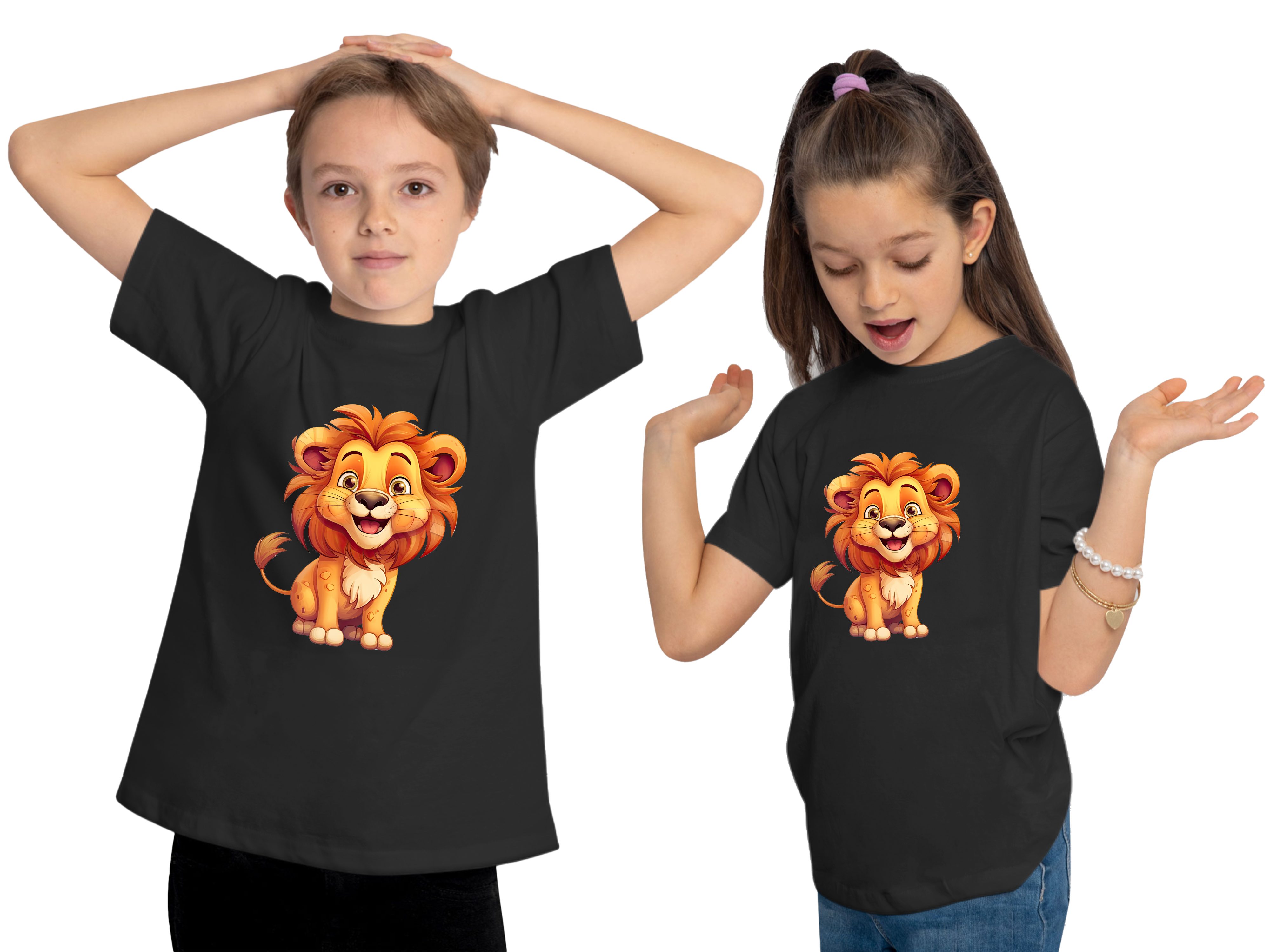 MyDesign24 T-Shirt Kinder Wildtier Print - bedruckt Shirt mit i275 Baby schwarz Löwe Baumwollshirt Aufdruck
