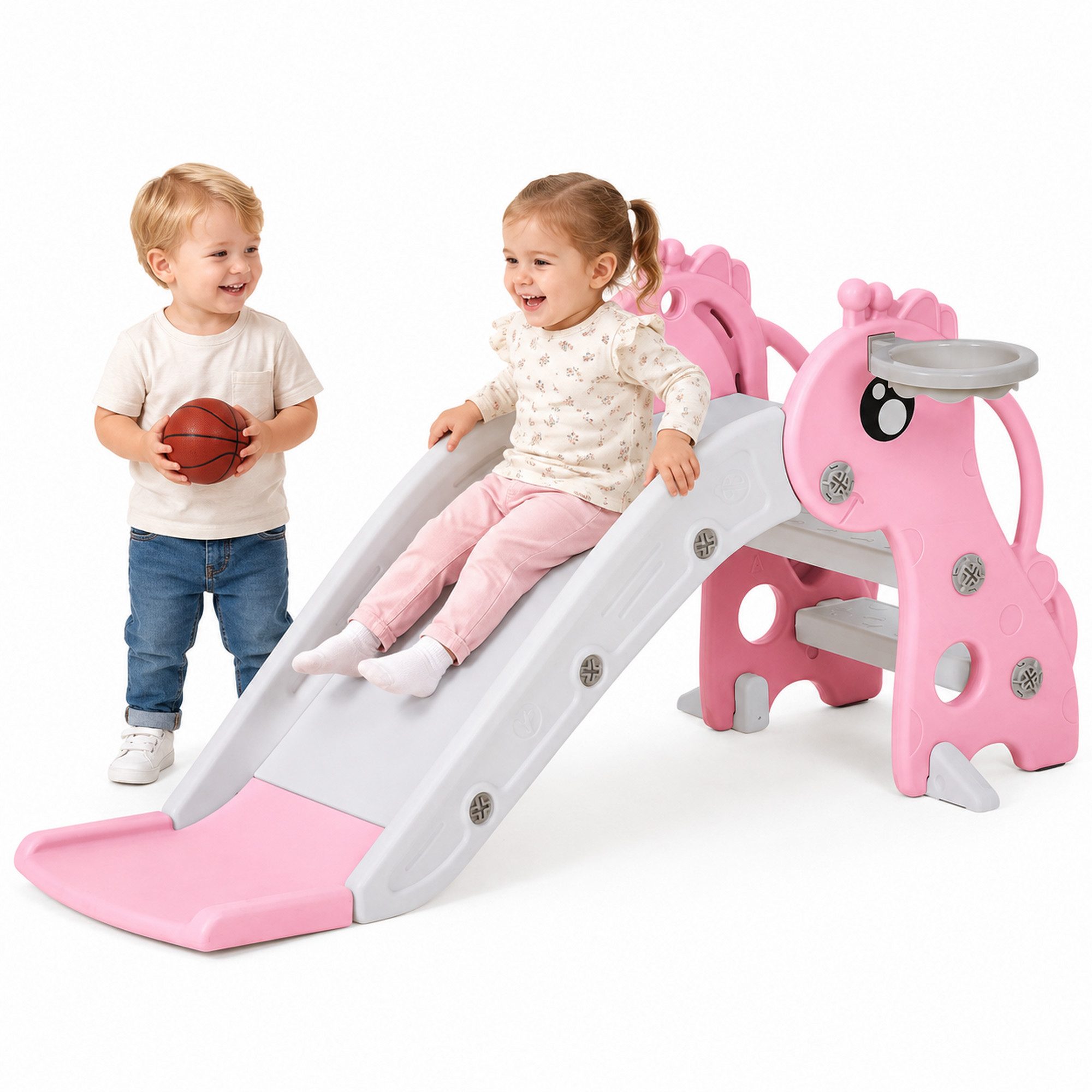 GarveeMore Rutsche Kinderrutsche 3in1 mit Basketballkorb, klappbar, 106x51x52cm
