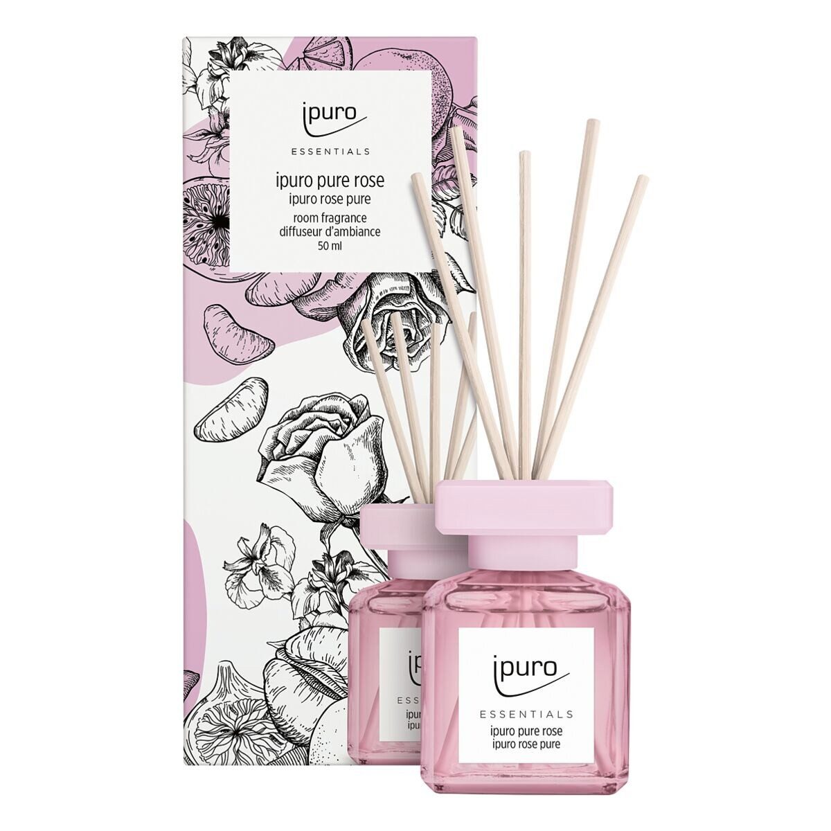 IPURO Raumduft pure rose, 50 ml, Glasflakon mit Rattan-Holzstäbchen
