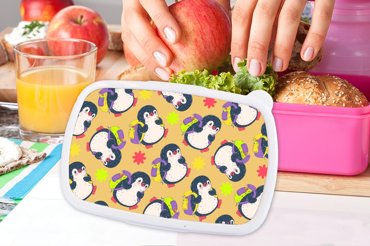 Pinguin Mädchen, - Brotdose für Brotbox Rucksack Kinder, MuchoWow Snackbox, Lunchbox Erwachsene, Kunststoff, Kunststoff (2-tlg), Schnittmuster, - rosa