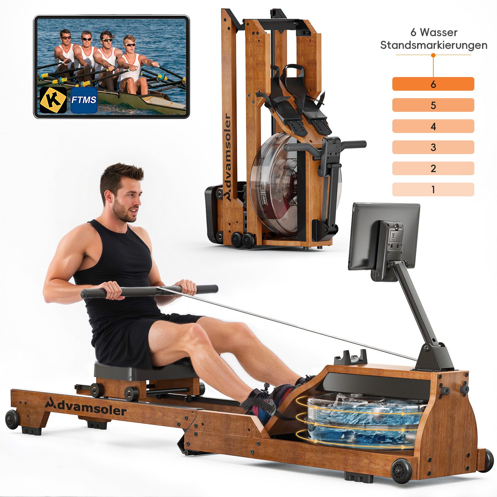 Advamsoler Rudergerät Hochwertiges Faltbares Wasserrudergerät aus Massivholz für Zuhause (1-tlg), Mit Professionellem Bluetooth-Monitor & Tablet-Halter