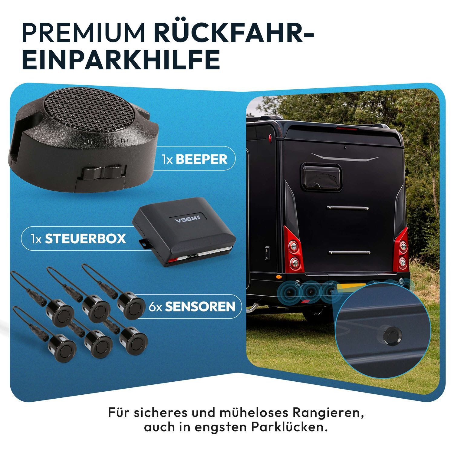 VSG24 Premium Einparkhilfe ECHO PLUS WOHNMOBIL Parkhilfe zum nachrüsten PDC Rückfahrkamera (Rückfahrwarner mit Lautsprecher & 6 Sensoren Stecksystem Nachrüstsatz)