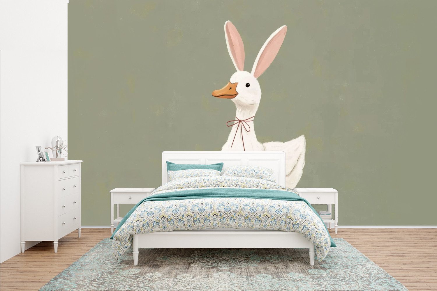 MuchoWow Fototapete Ente - Kaninchenohren - Grau, Matt, bedruckt, Vinyl Tapete für Wohnzimmer oder Schlafzimmer, Wandtapete, 435x260 cm