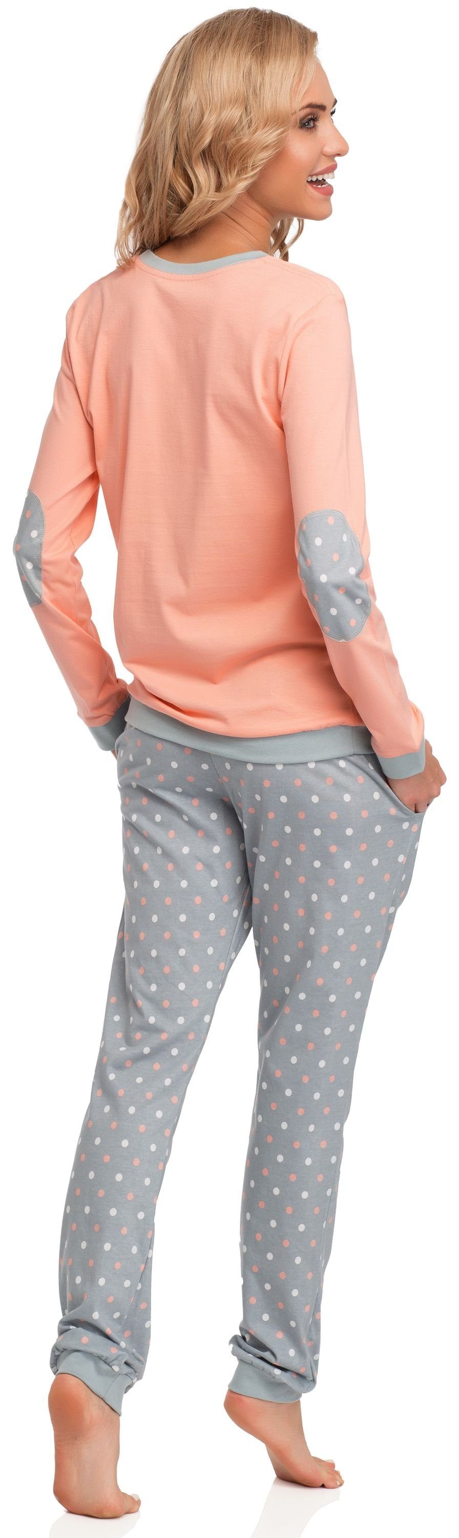 Zweiteiler Lachs/Grau Damen Rundhals mit Schlafanzug Schlafanzug Pyjama Langarm Baumwolle Cornette 634