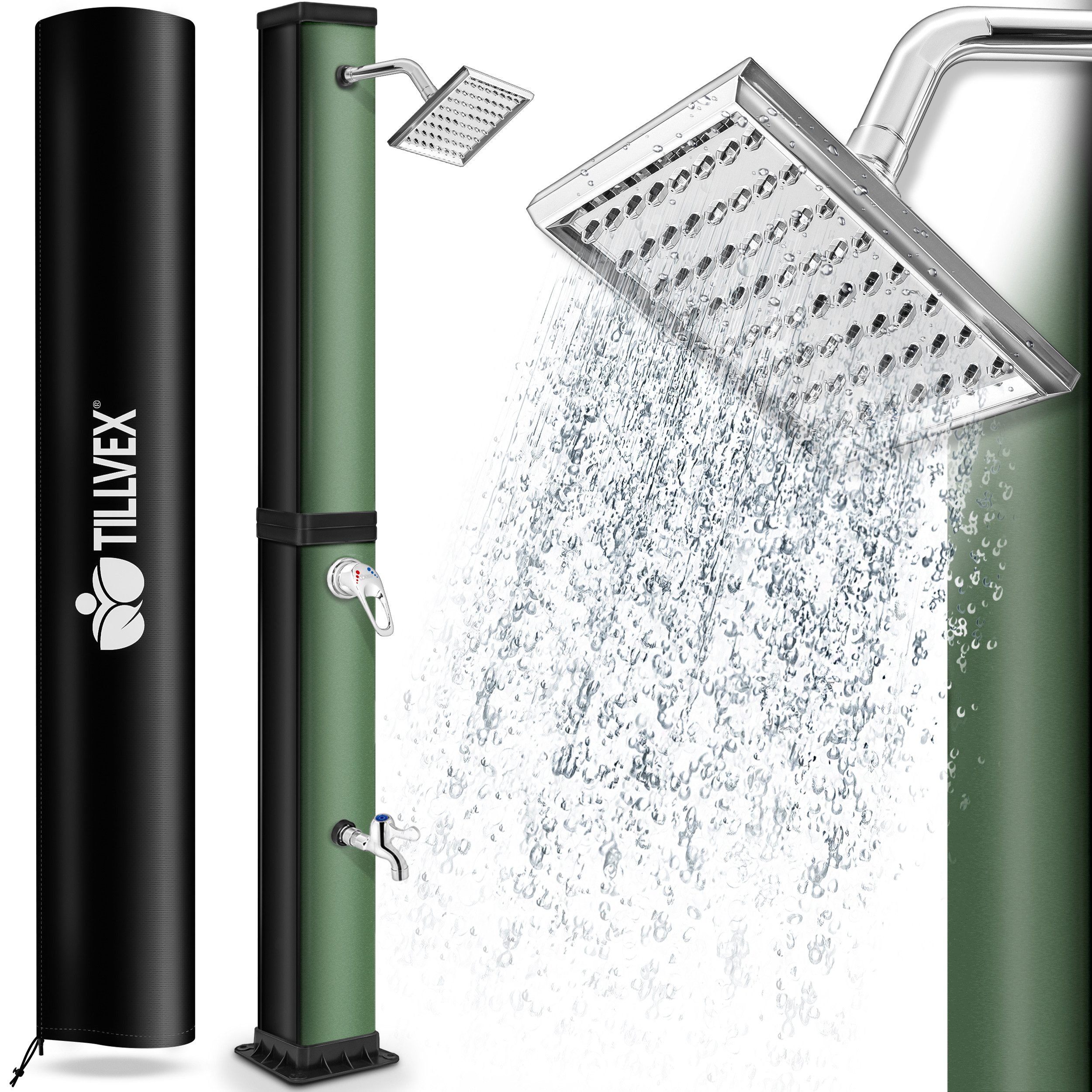 tillvex Solardusche 40 Liter inkl. Schutzhaube Solar Garten-dusche (mit Wasserhahn und Regenduschkopf Gartenschlauch-Anschluss), warmes Wasser Pooldusche Camping, ohne Stromanschluss