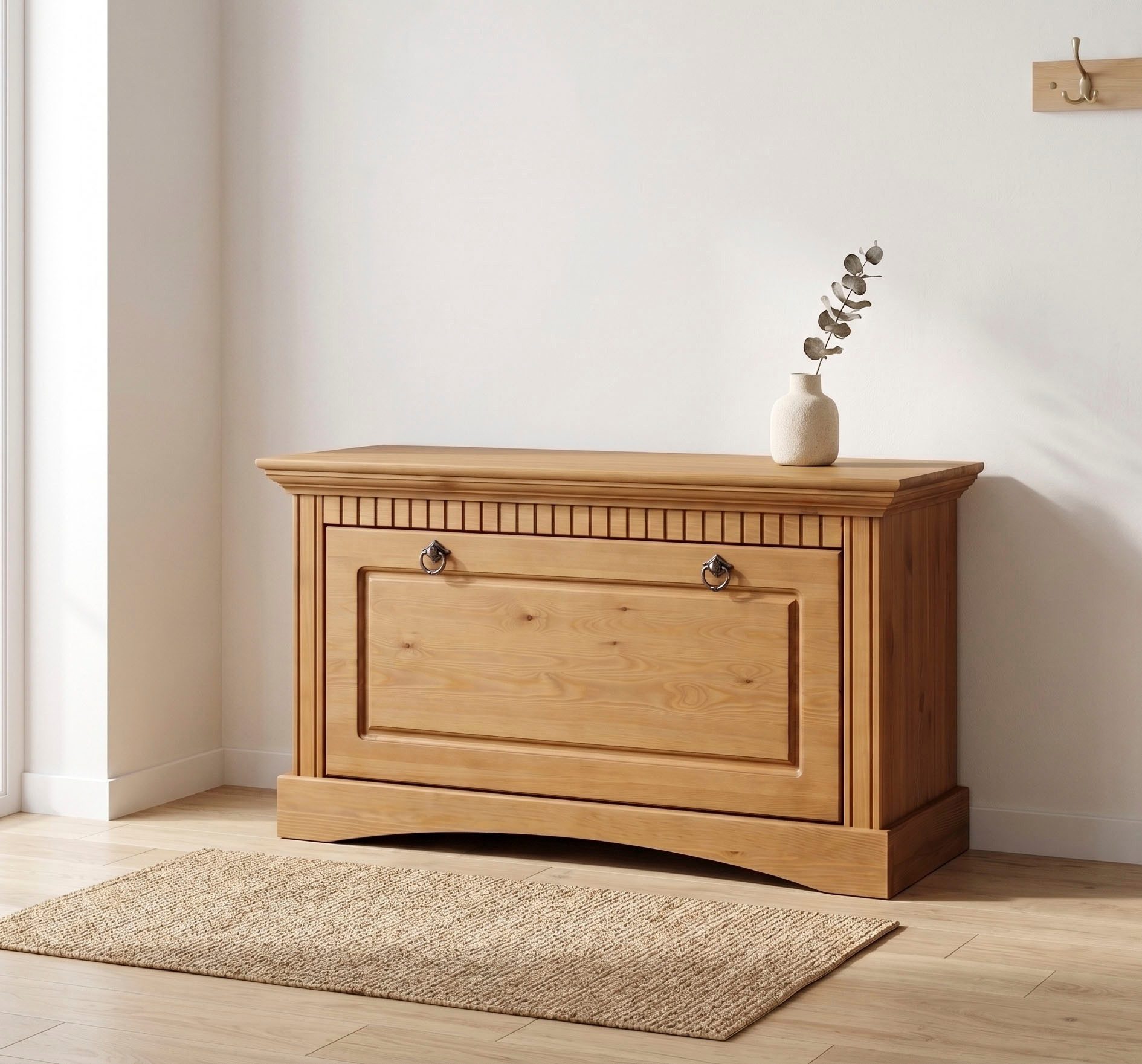 OTTO home Schuhtruhe Rustic, Schuhbank, Dielenmöbel, Landhausstil (Made in Europe), aus massiver Kiefer, Sitzhöhe 49 cm, mit Kassettenoptik