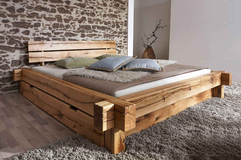 Massivholzbett (Set), wahlweise mit Bettkasten, Balkenbett aus massivem Wildeichenholz