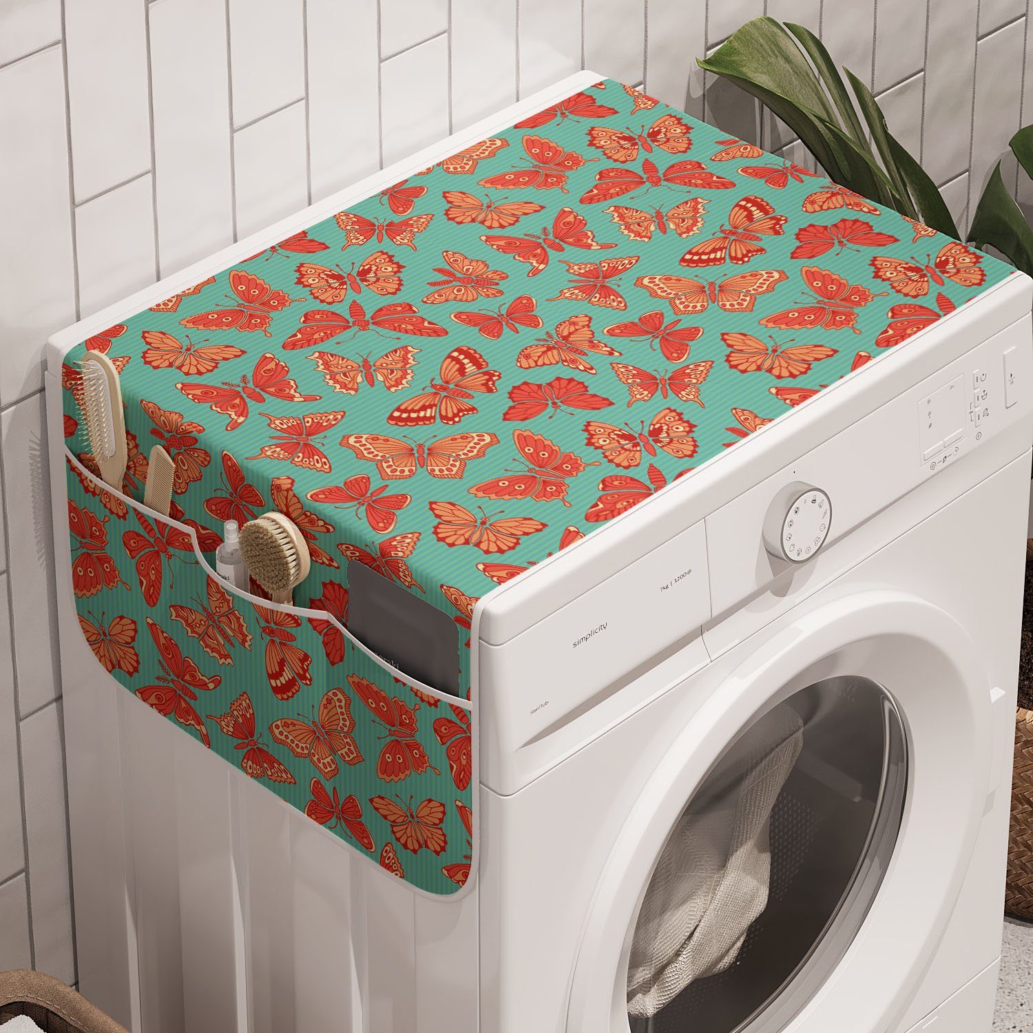 Badorganizer auf Trockner, und Streifen Schmetterling Waschmaschine Hintergrund Abakuhaus Anti-Rutsch-Stoffabdeckung dem für