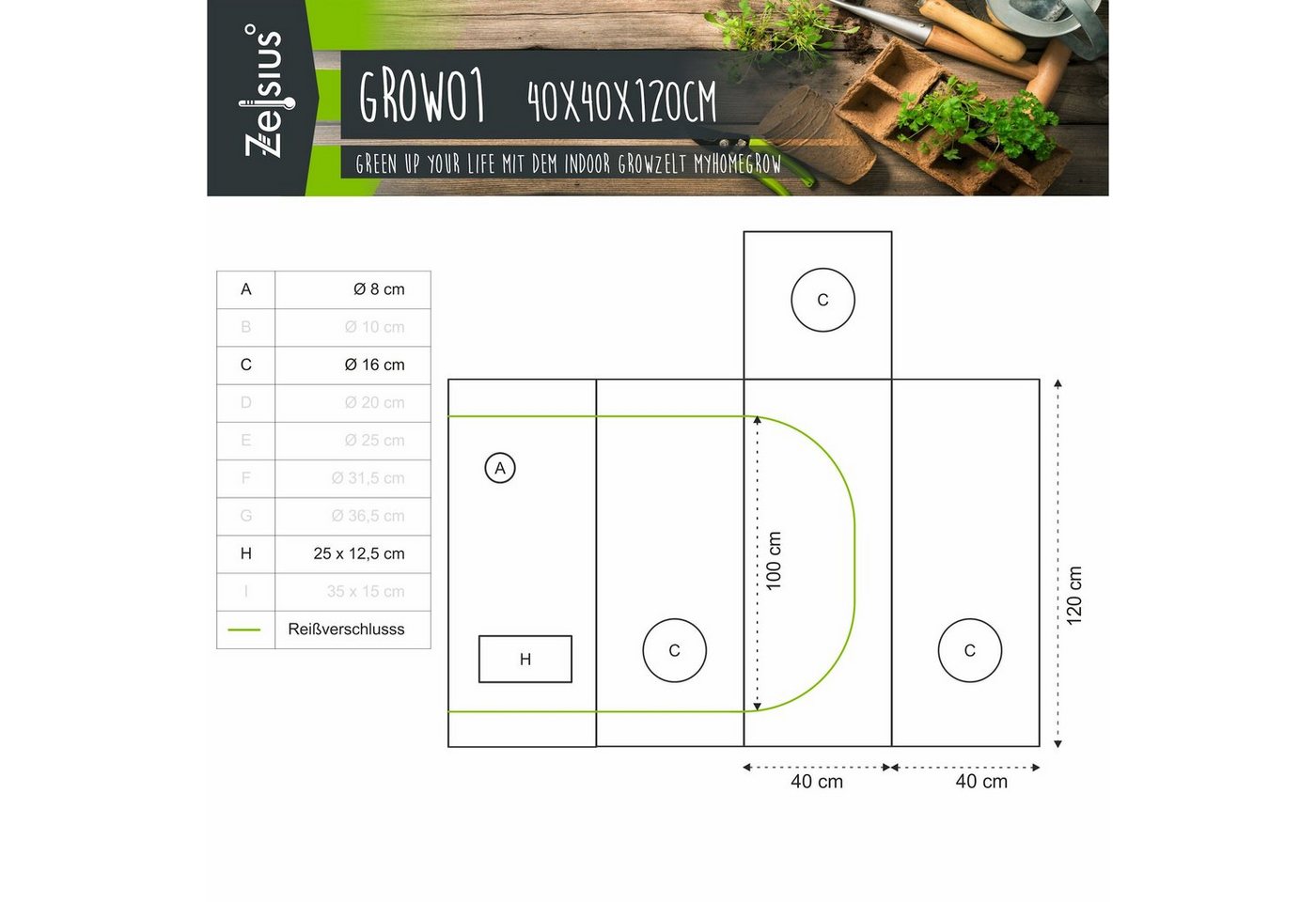 Thumbnail - Zelsius Gewächshaus Grow Tent 40 x 40 x 120 cm grau/schwarz Pflanzenzucht Indoor