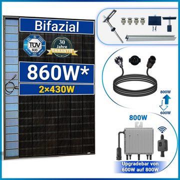 SOLAR-HOOK etm Solaranlage 860W Balkonkraftwerk Komplettset inkl. 430W Bifiziale Solarmodule, Stockschrauben PV-Montage, 3M Schuckostecker und Neu Generation Deye 800W WIFI Wechselrichter mit Relais