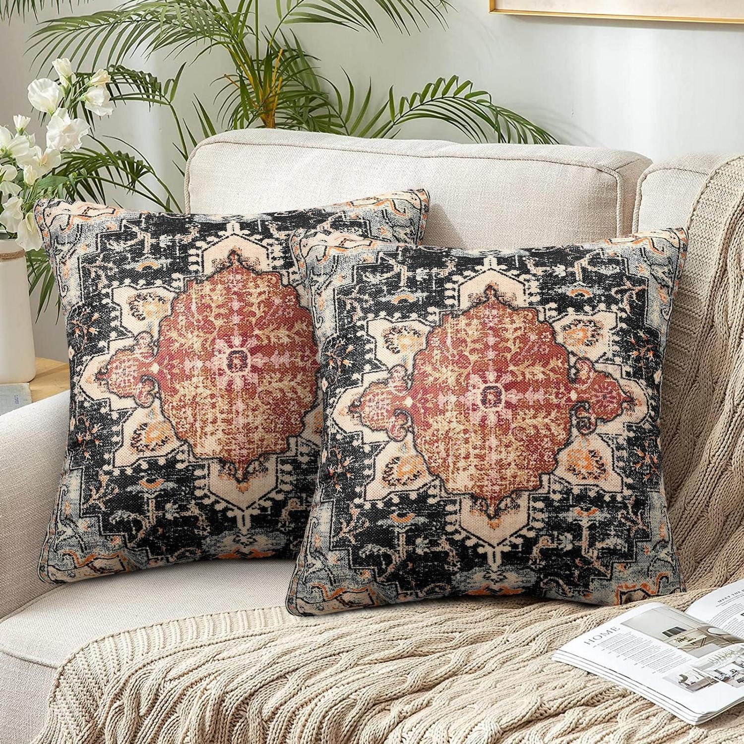 LuxusKollektion Kissenbezug Kissenbezug Boho 2er Set 40x40 Schwarz Ethnisch, (2 Stück)