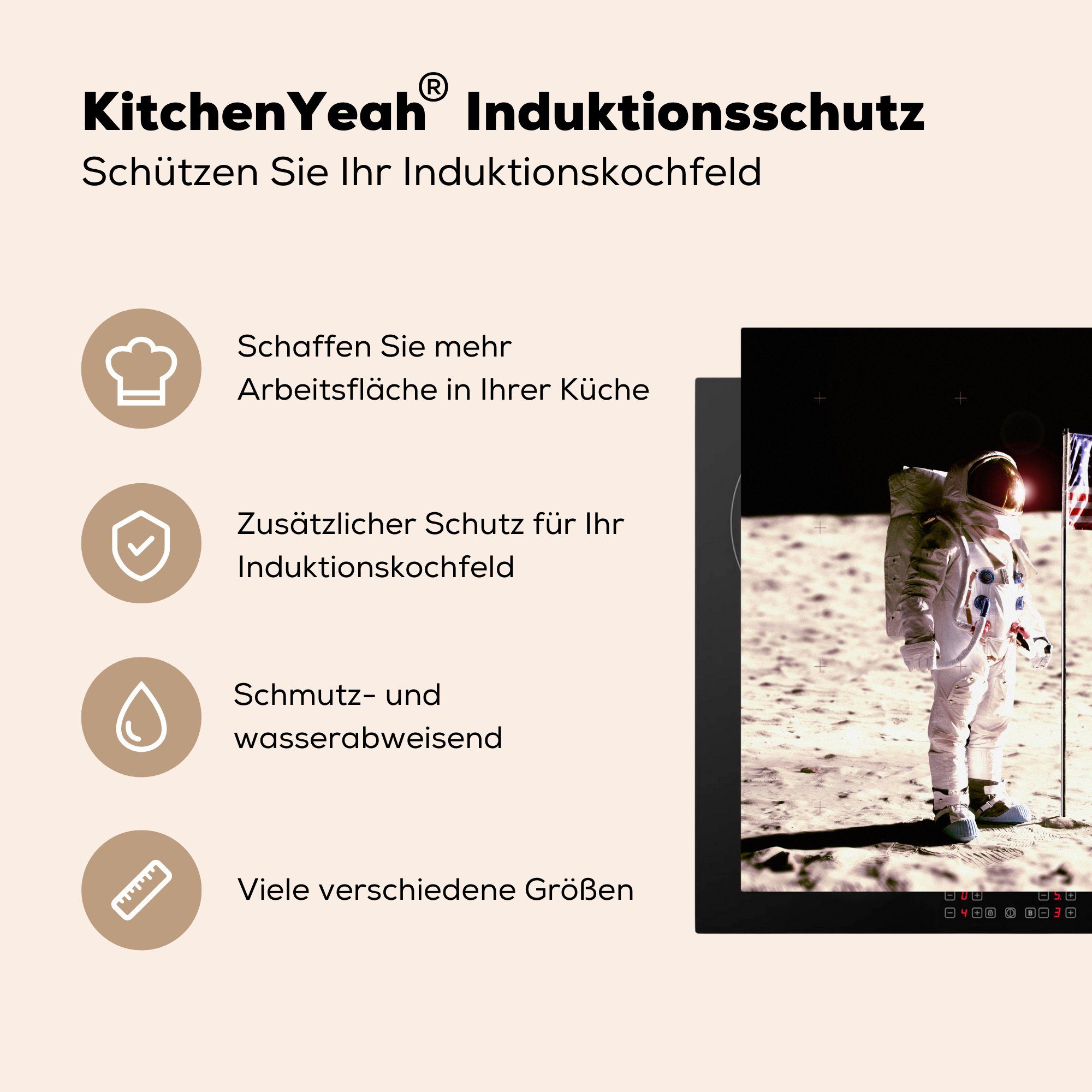 Vinyl, MuchoWow küche tlg), 78x78 Flagge - Arbeitsplatte - Astronaut für Herdblende-/Abdeckplatte - (1 Mond cm, Ceranfeldabdeckung, Amerika,