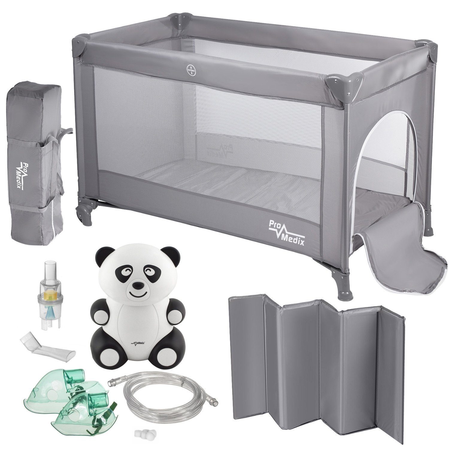 Promedix Inhalationsgerät PR-803 G + PR-812, Reisebett für Kinder + Inhalator Panda