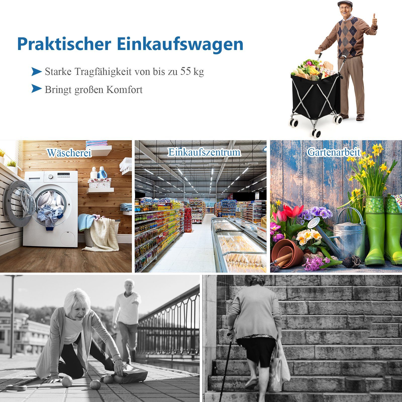 COSTWAY Einkaufstrolley, 90 l, bis 55 kg, mit Rädern & Griff, klappbar