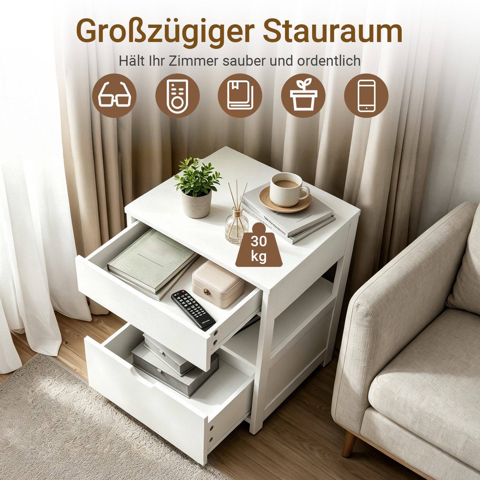 SoBuy Beistelltisch FRG258, Nachttisch schmal, Nachtschrank mit Schubladen Nachtkommode, mit 4-in-1 Ladefunktion & Ablage, Schlafzimmer Wohnzimmer Jugendliche