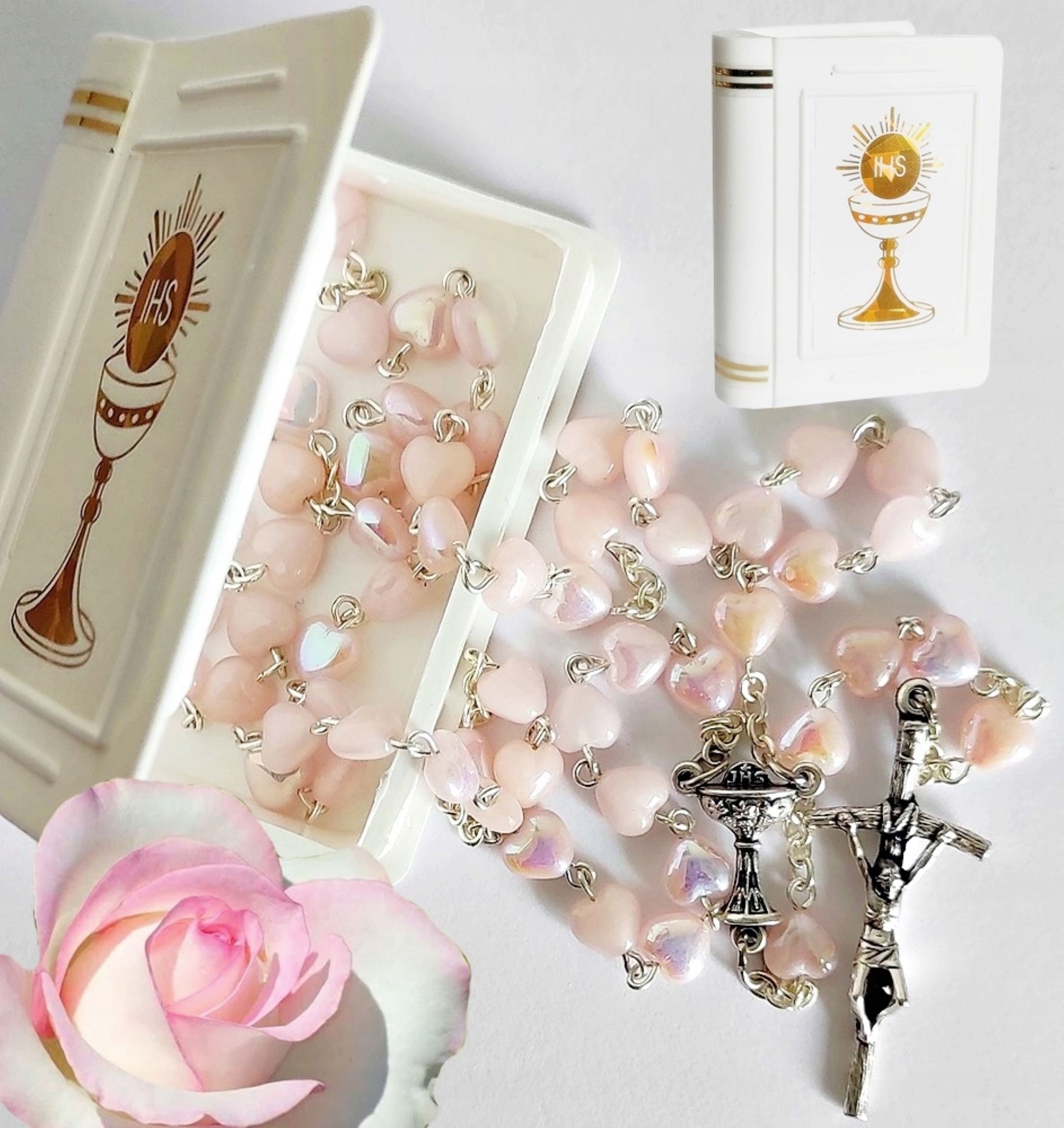 Sacramenta Schmuckset Wunderschöner Rosenkranz mit rosa Herzperlen in Buchb günstig online kaufen
