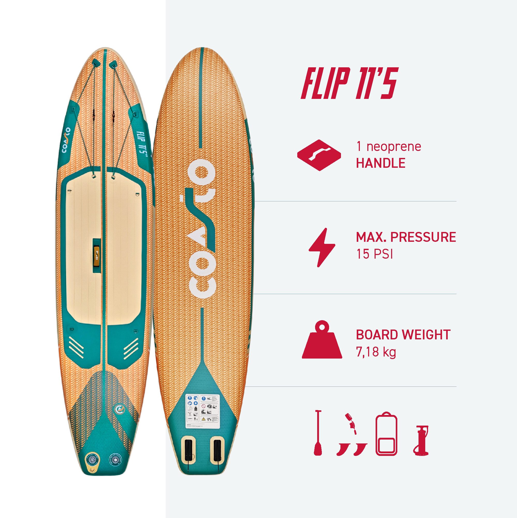 SUP-Board Coasto Flip 11'5 SUP Board faltbar ultraleicht 7,18kg 345L Komplett