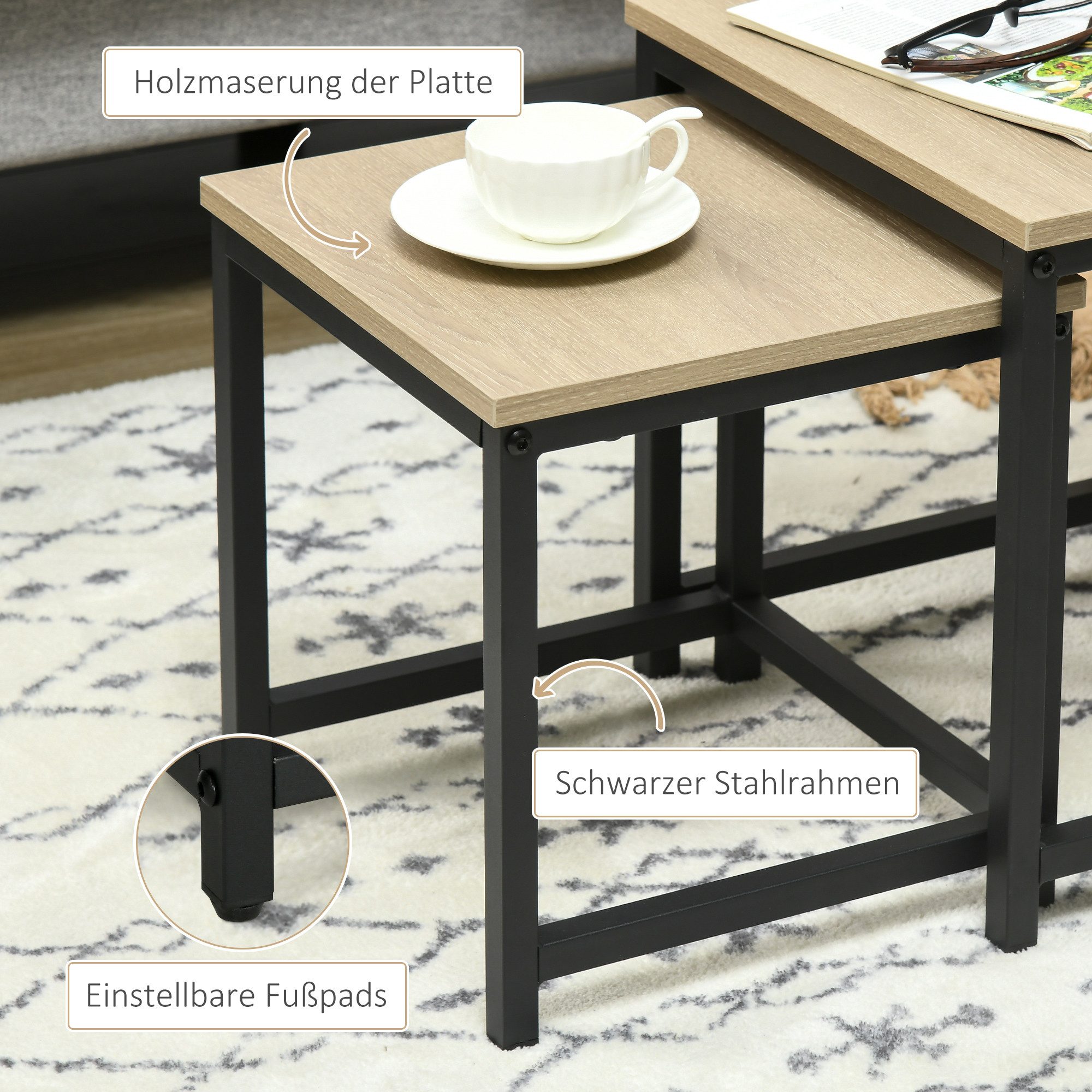 HOMCOM Couchtisch Quadratischer Satztisch im Industriedesign mit Holzoptik (Sofatisch, 3-St., Beistelltisch), Naturholz Spanplatte, Stahl – Bild 5 von 5