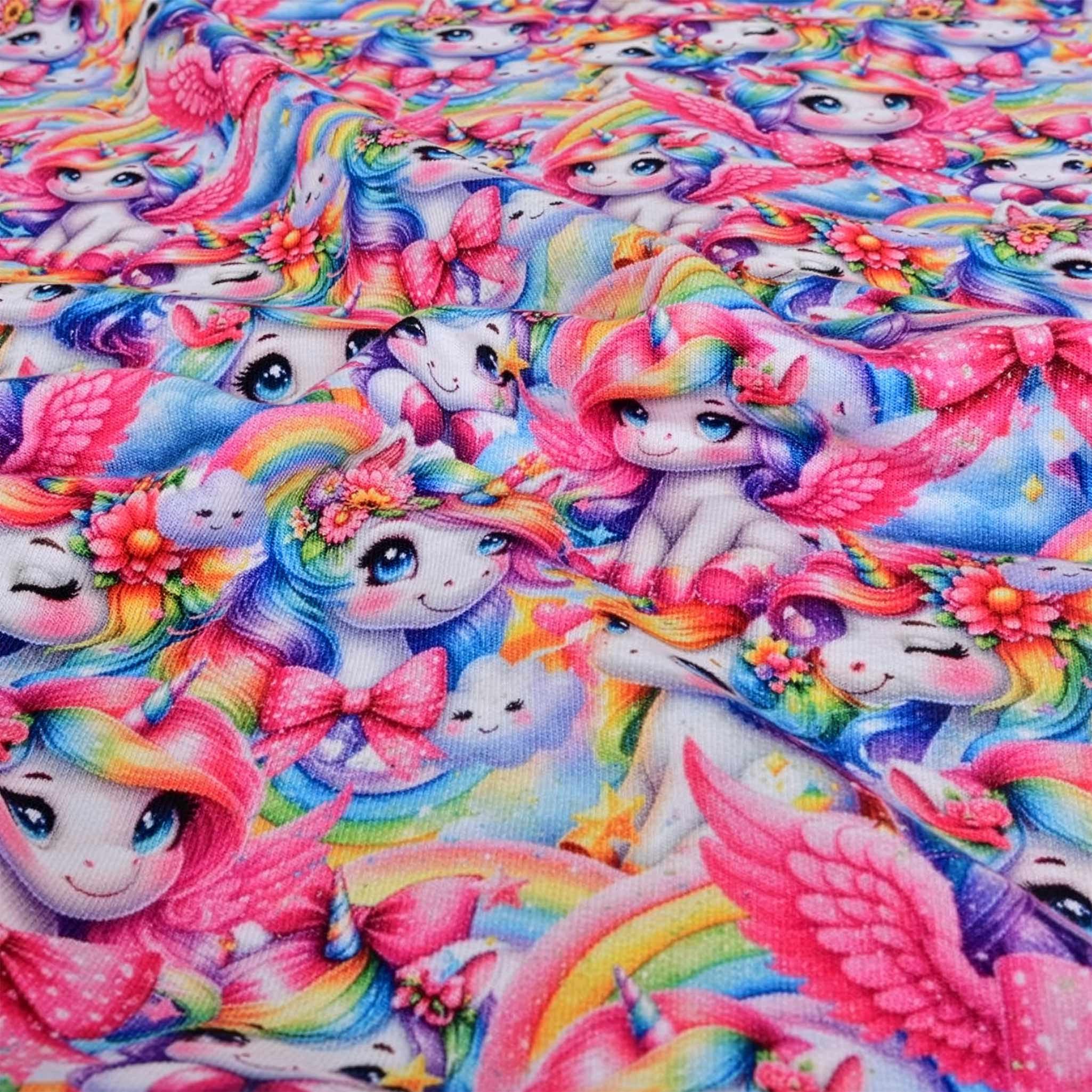 maDDma Stoff French Terry Stoff Einhorn Regenbogen Bunt 1/2 Meterware Sommersweat