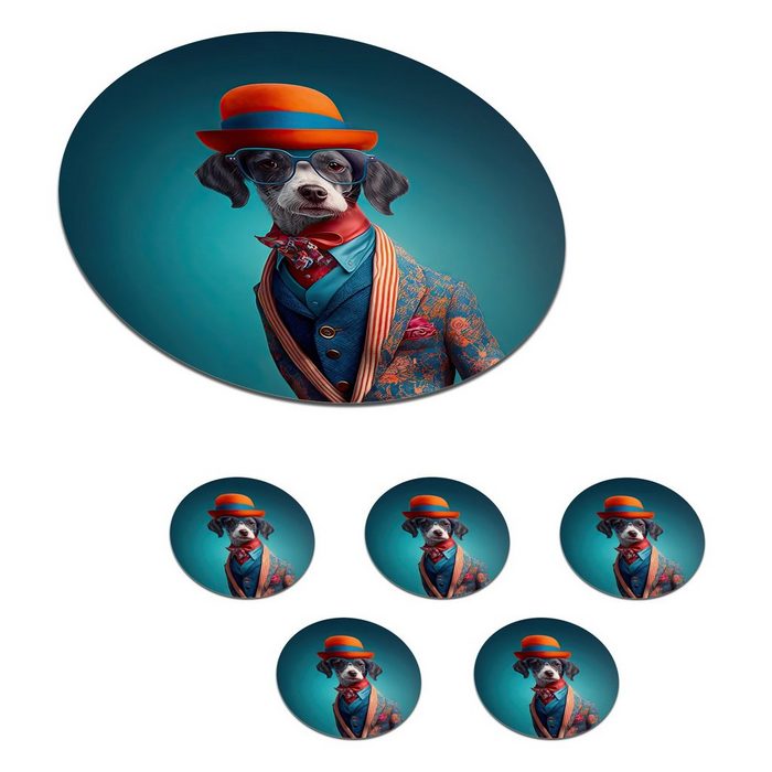 MuchoWow Glasuntersetzer Hund - Jacke - Blumen - Porträt - Blau Zubehör für Gläser 6-tlg. Getränkeuntersetzer Tassenuntersetzer Korkuntersetzer Tasse Becher