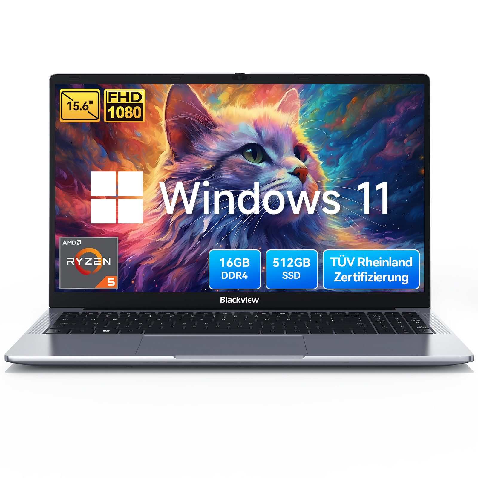blackview 15,6" Laptop, AMD Ryzen 5 3500U 16GB RAM 512GB SSD, Windows 11 Notebook (Radeon Ryzen5 3500U AMD Ryzen5 3500U, 512 GB SSD, 180° Drehung/Low Blue Light-Zertifizierung/Deutsche Tastaturaufkleber)