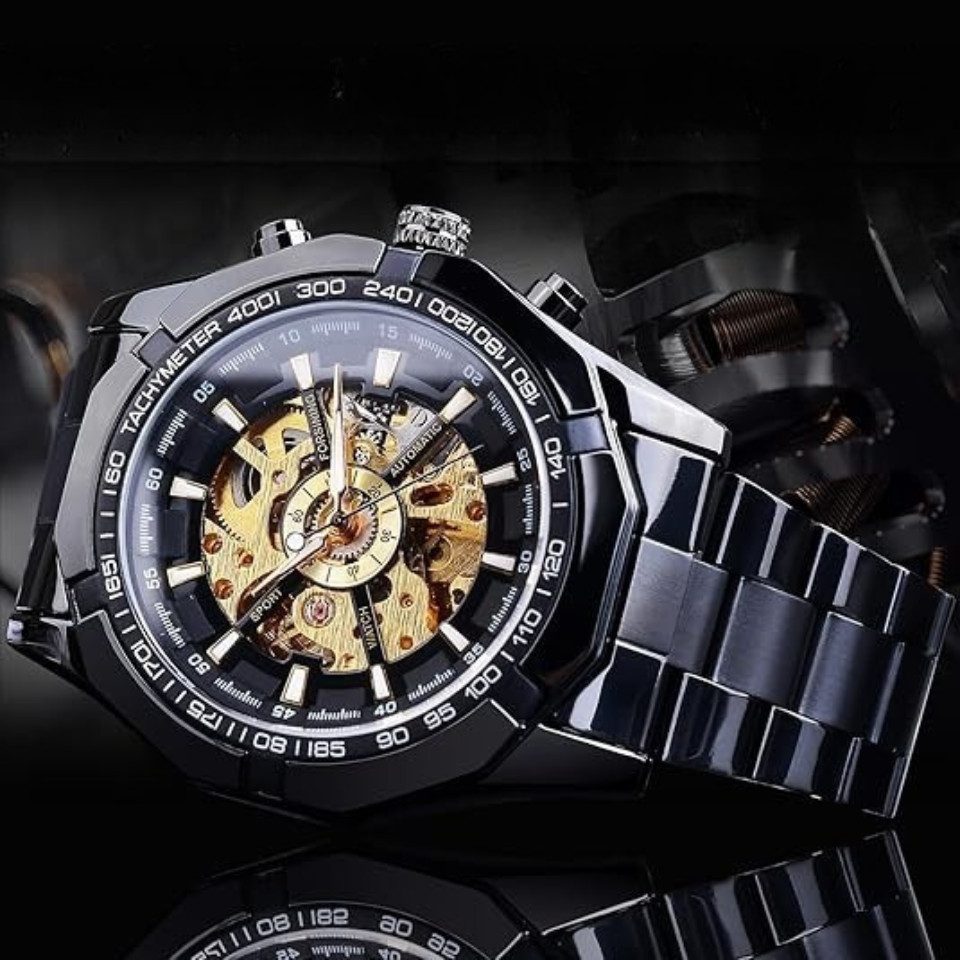 Rötting Design Automatikuhr Herrenuhr Automatikuhr Marke Forsining goldfarbenes Ziffernblatt, (inkl. Uhrenschatulle, auch zum Verschenken geeigent), Skelett Ziffernblatt, Edelstahl, schwarzes Design