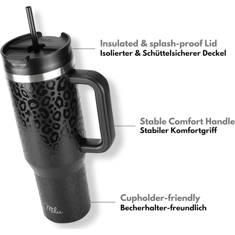 Milu Thermobecher 1,2L Tumbler Black Leopard, mit Strohhalm und Henkel, Edelstahl, Trinkflasche, 3D Design, schwarz