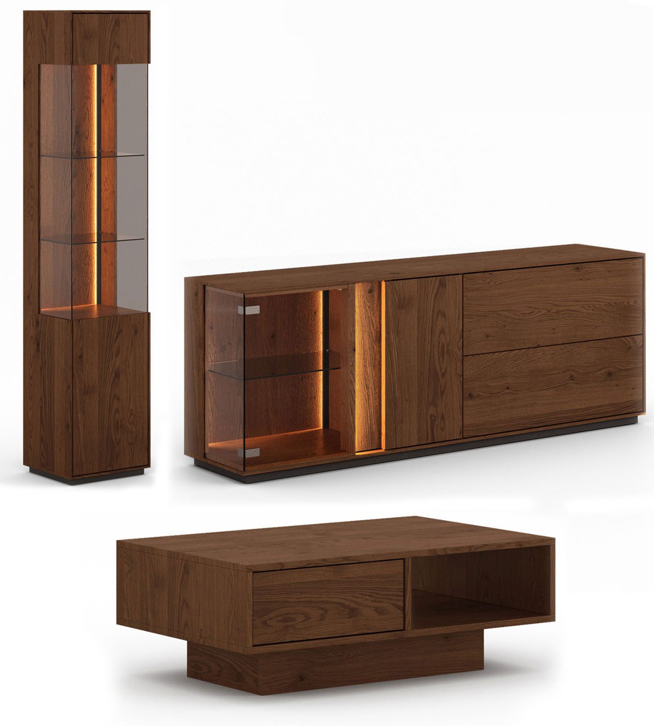 Feldmann-Wohnen Wohnwand Collodi, (mit Türen, mit Einlegeböden, mit Klapptüren, 3-St., Massivholz, geölte Oberfläche), 3-teilig Wildeiche Tabak Sideboard 165cm Türanschlag links