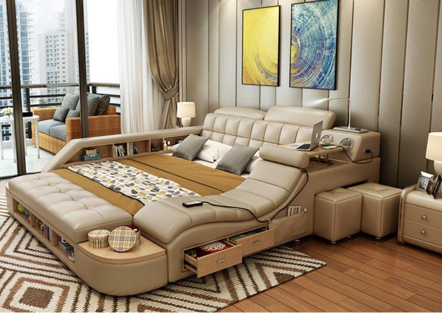 Xlmoebel Multimediabett Modernes Bett mit Lederpolsterung und Massagefunktion (Multimediabett, 1-tlg., Multifunktions Bett), Hergestellt in Europa