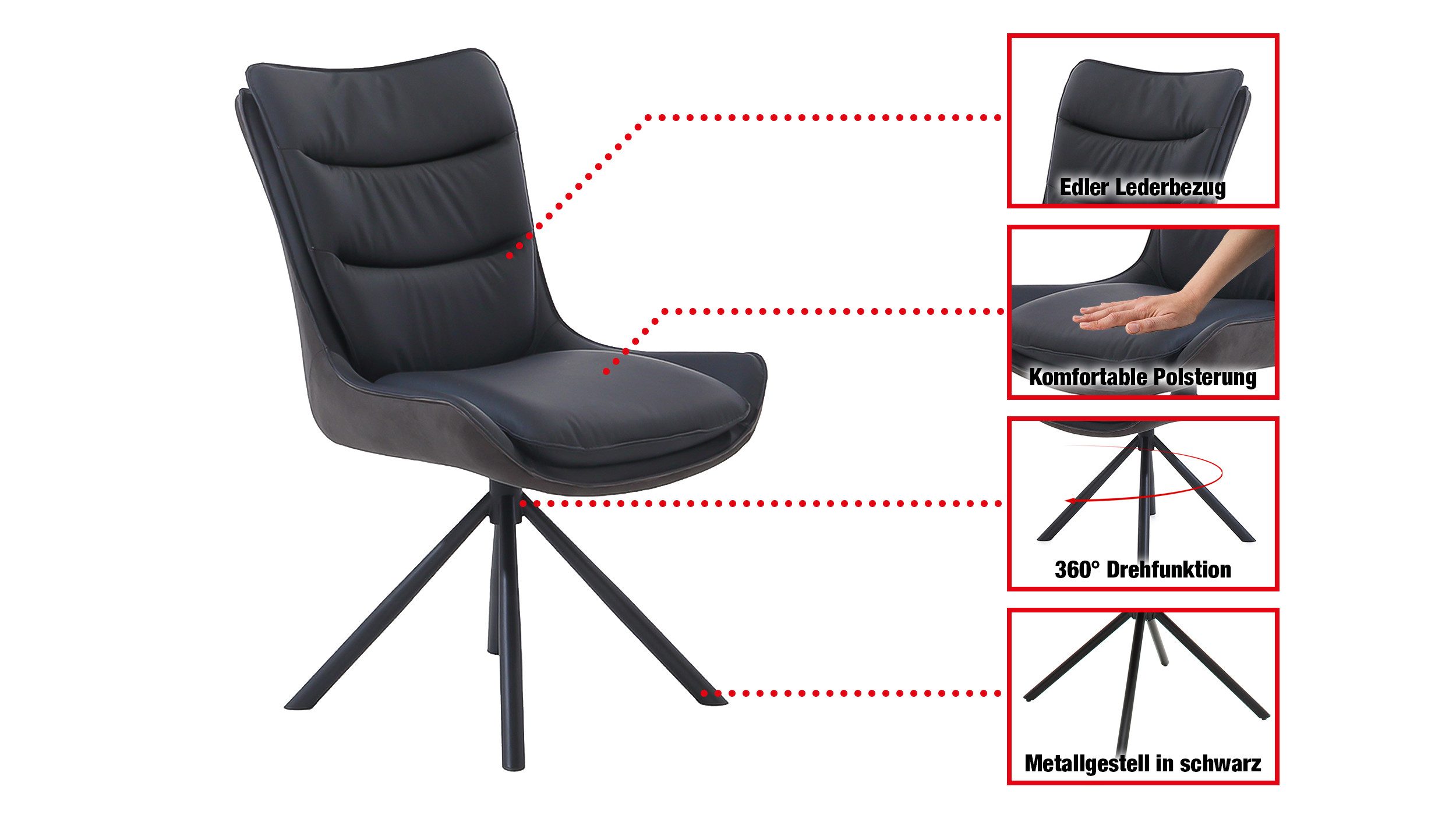 Massivart® Polsterstuhl drehbar 360 Grad, Esszimmerstuhl aus Echtleder & Stoff, »MAURICE«, Griff am Rücken · Metallgestell schwarz
