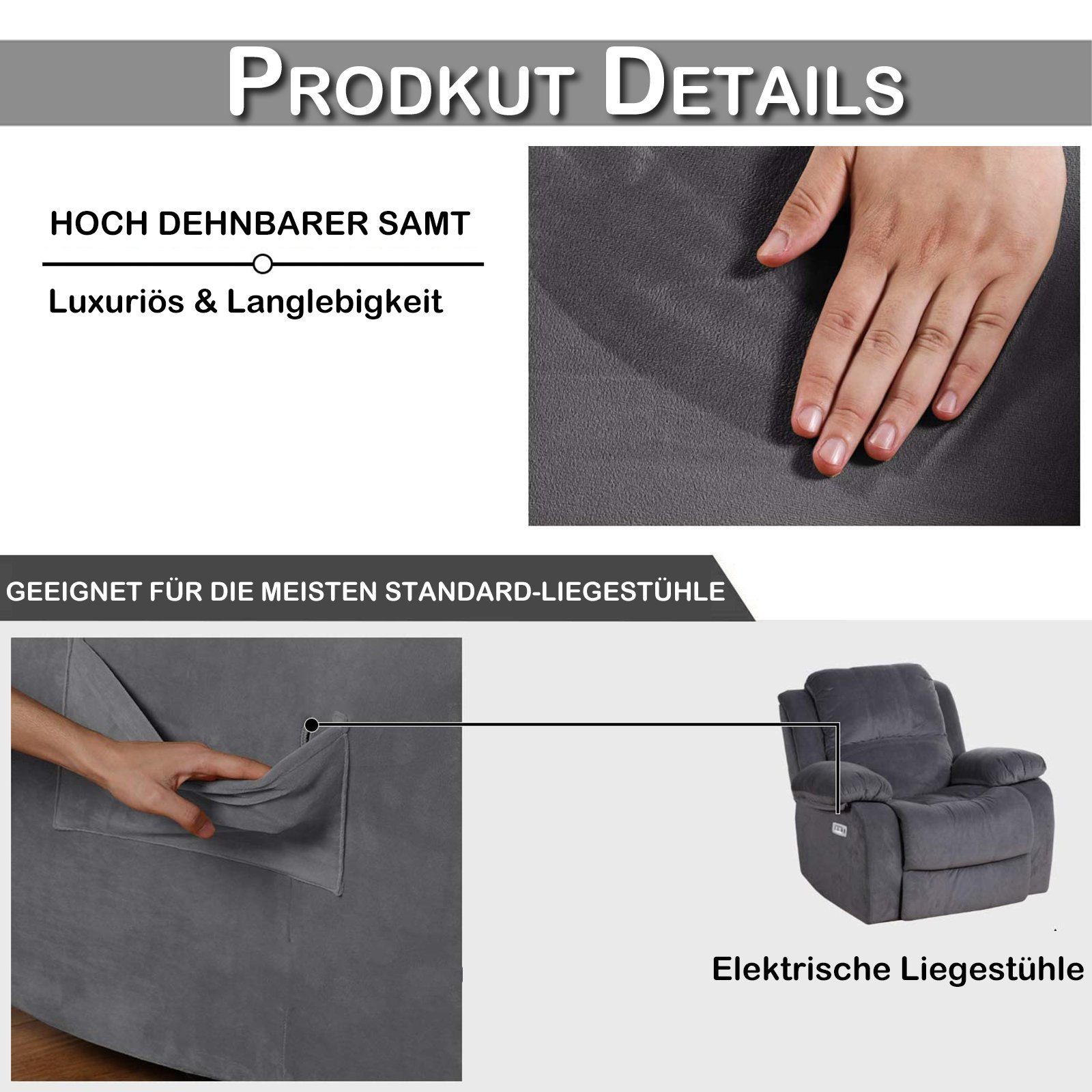 Qelus Relaxsesselhusse Samt Strecken Sesselschoner,Sessel überzug für Relaxsessel 1 Stück, Elastisch,Waschbar,Seitentaschen-Design,Sesselschoner Mit Armlehne