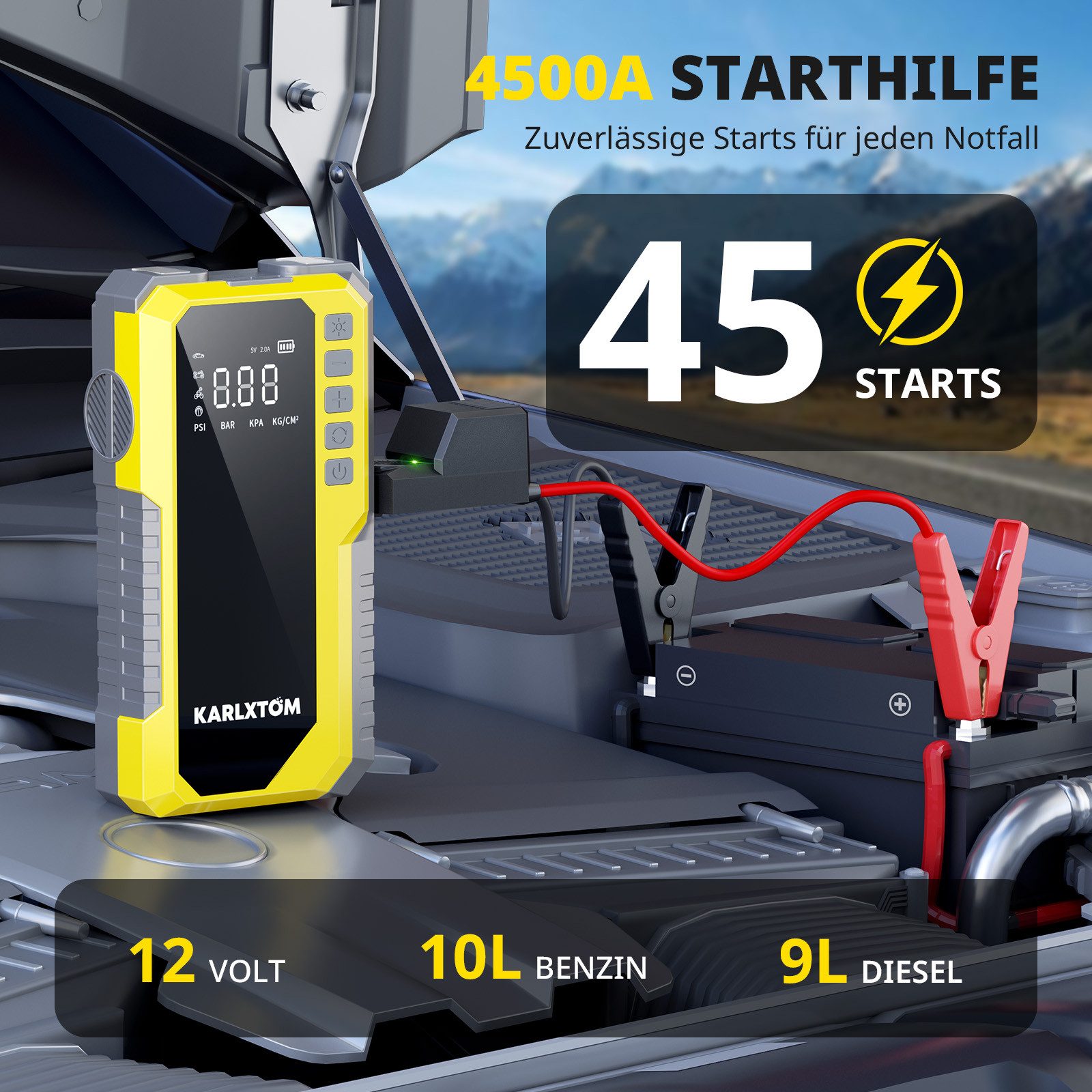 KARLXTOM Starthilfe Powerbank Auto 4500A16800mAh(12V),4-in-1 Starthilfegerät, 190PSI Luftkompressor(5 Modi),10L Benzin Oder 9L Diesel