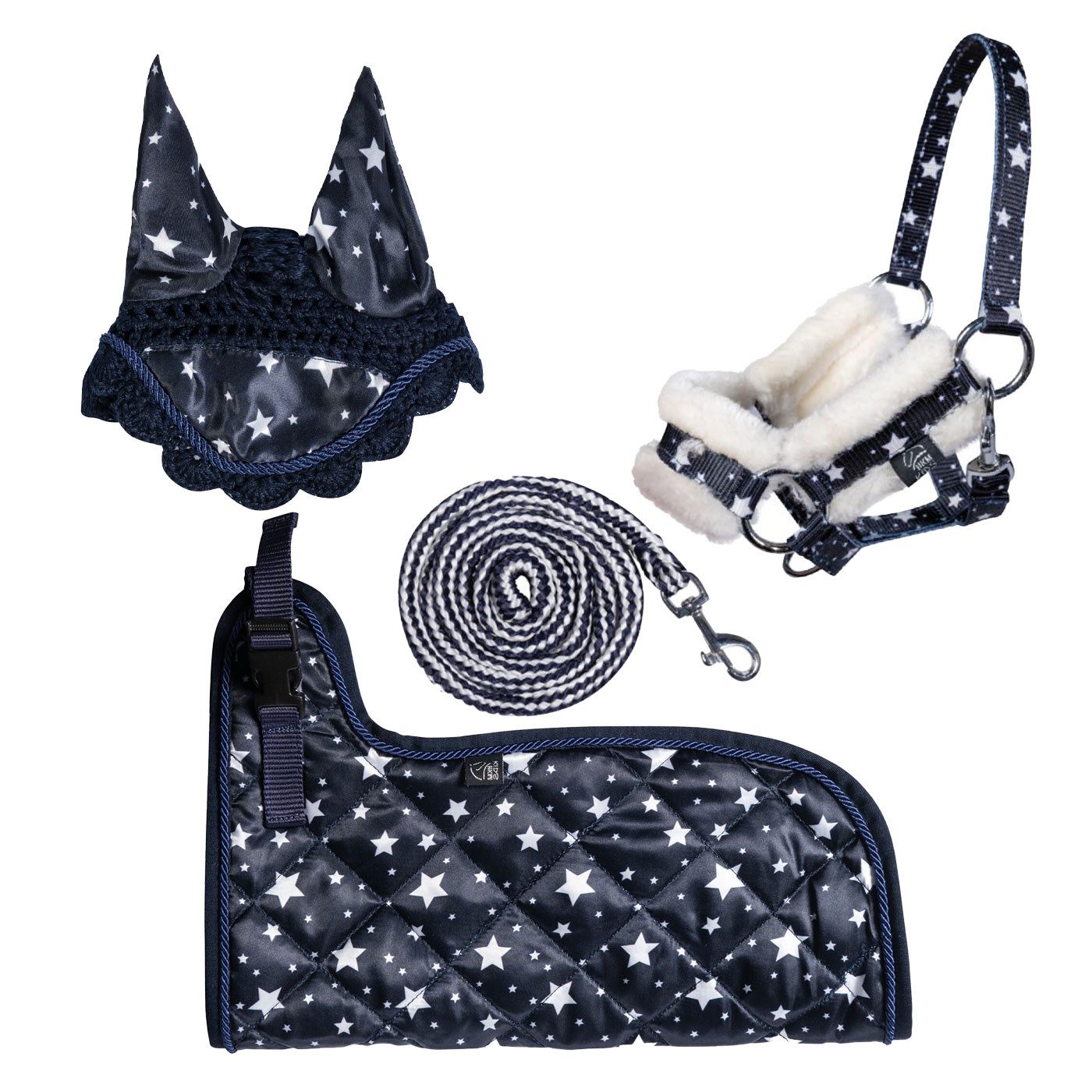 HKM Steckenpferd Hobby Horse Set - Halfter, Strick, Decke, Fliegenhaube, GRATIS Stirnriemen mit Strasssteinen